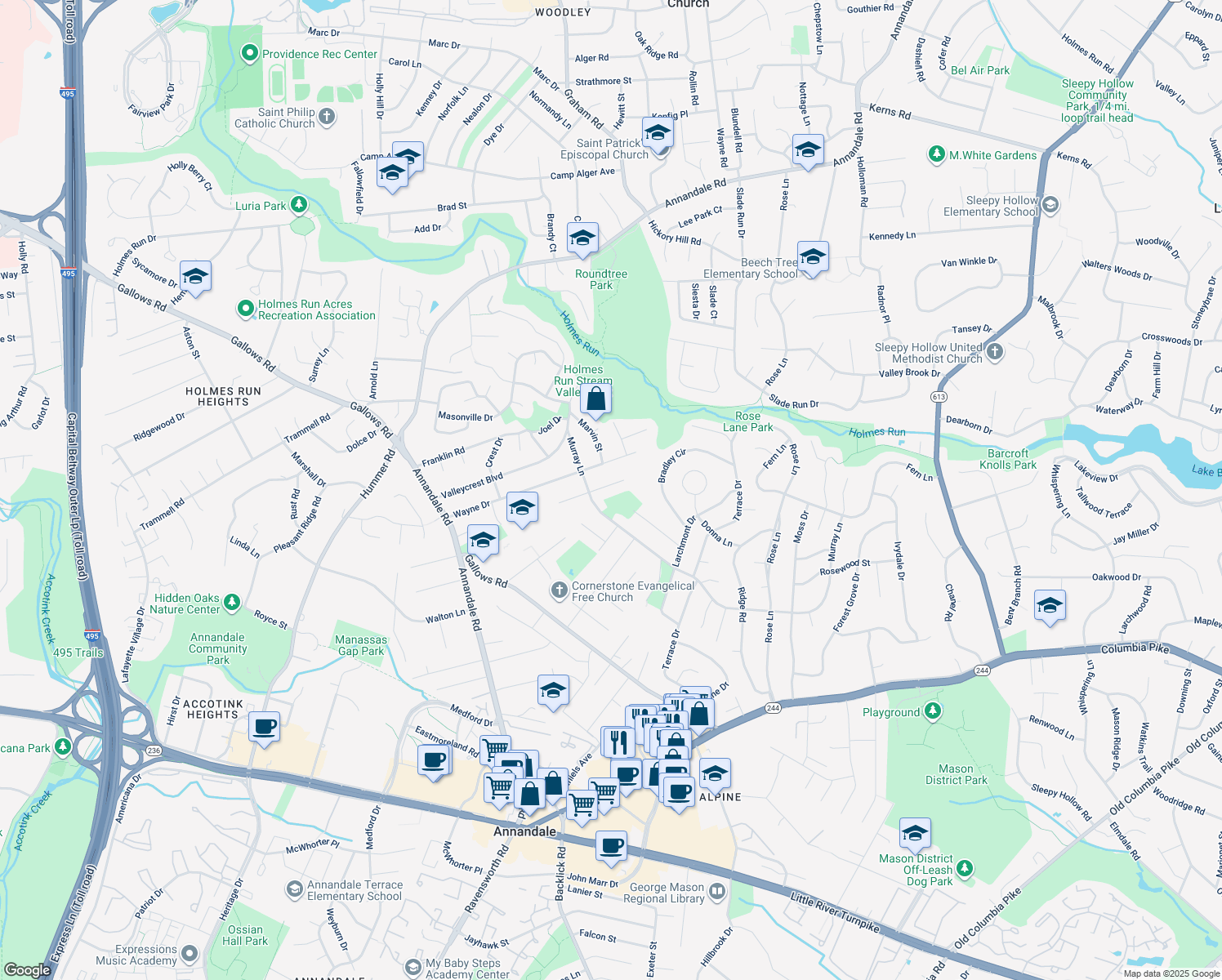 map of restaurants, bars, coffee shops, grocery stores, and more near 7127 Sanford Court in Annandale