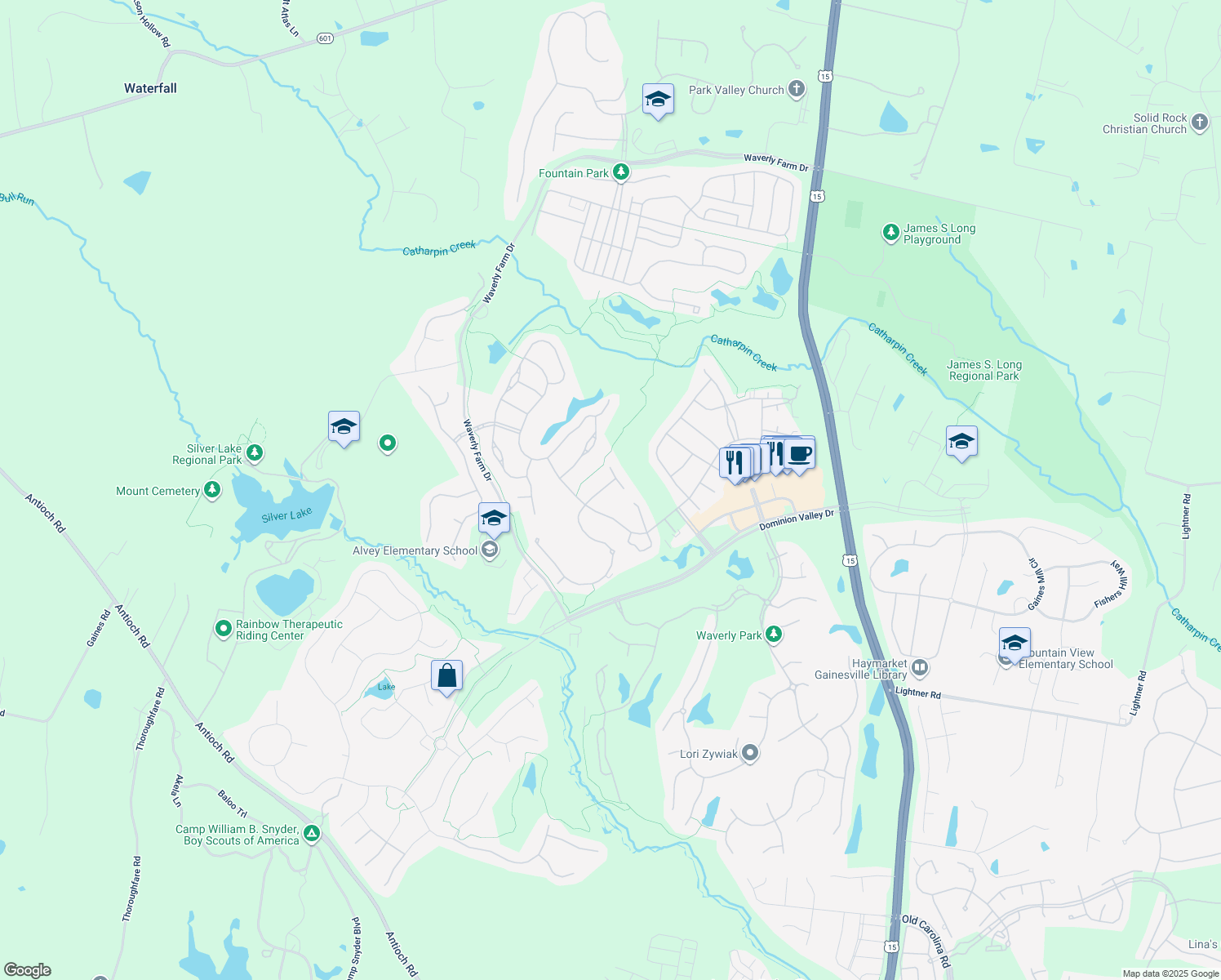 map of restaurants, bars, coffee shops, grocery stores, and more near 5233 Armour Court in Haymarket