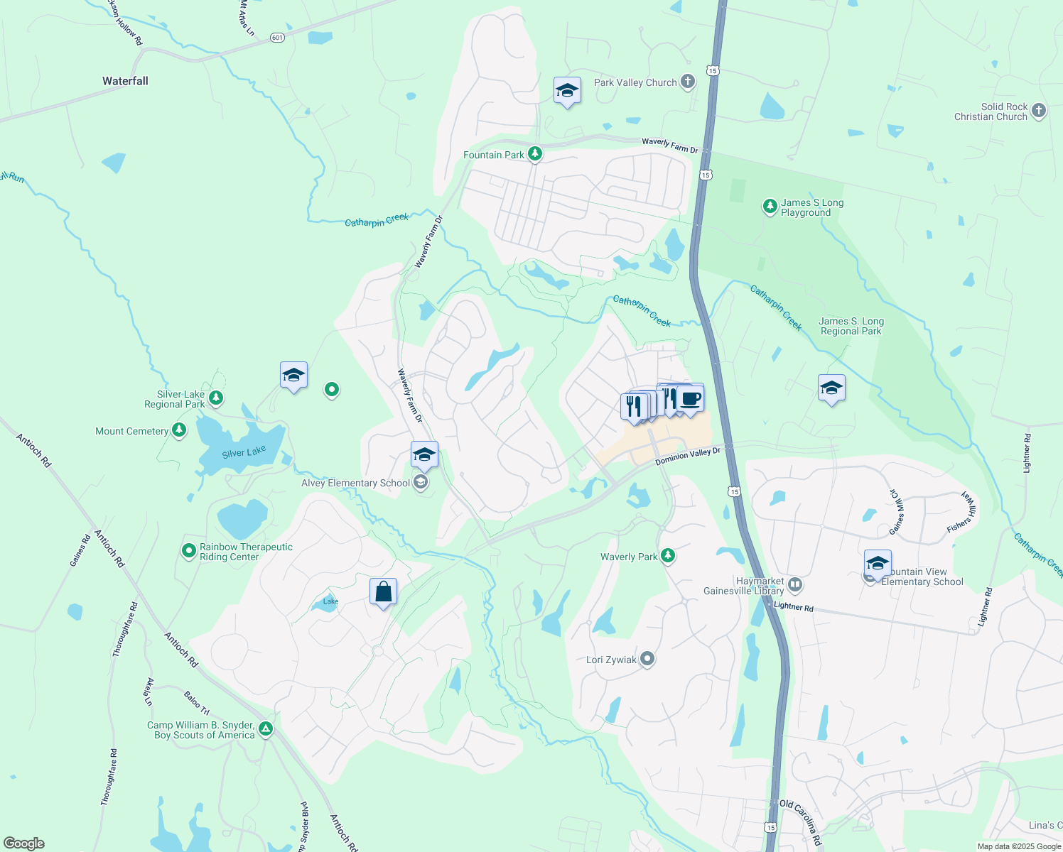 map of restaurants, bars, coffee shops, grocery stores, and more near 5225 Armour Court in Haymarket