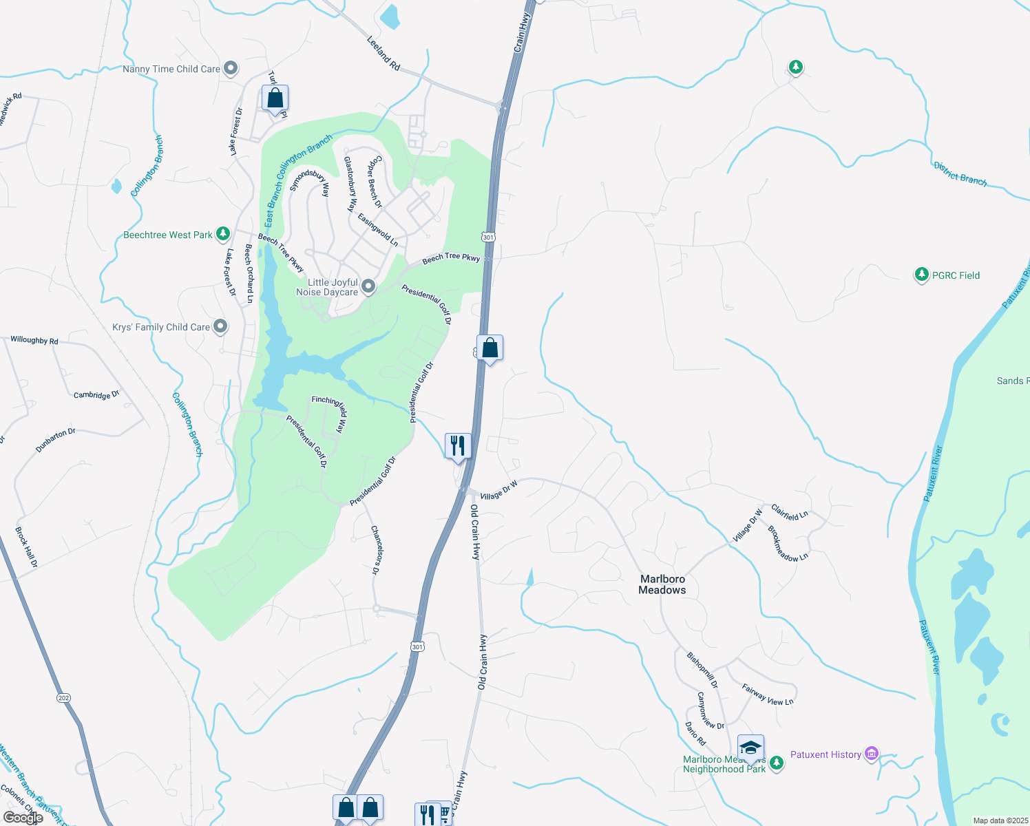 map of restaurants, bars, coffee shops, grocery stores, and more near 16204 Marsham Dr in Upper Marlboro