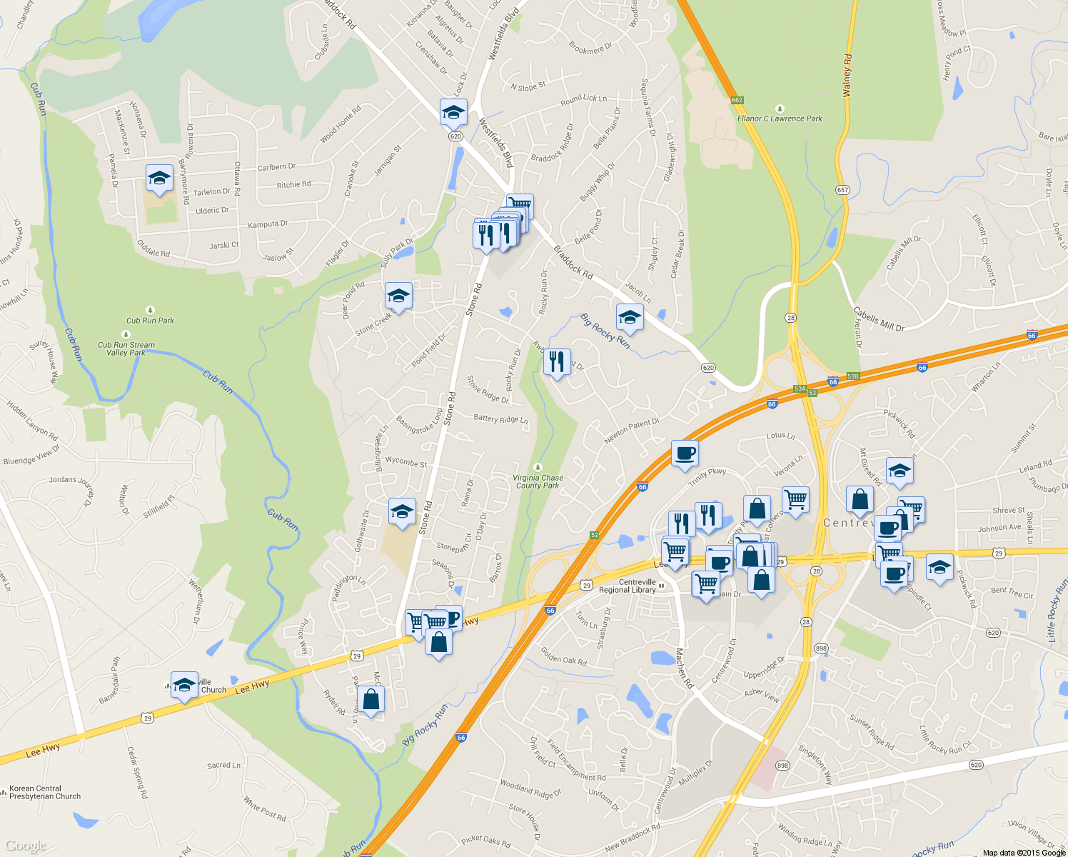 map of restaurants, bars, coffee shops, grocery stores, and more near 14514 Battery Ridge Lane in Centreville
