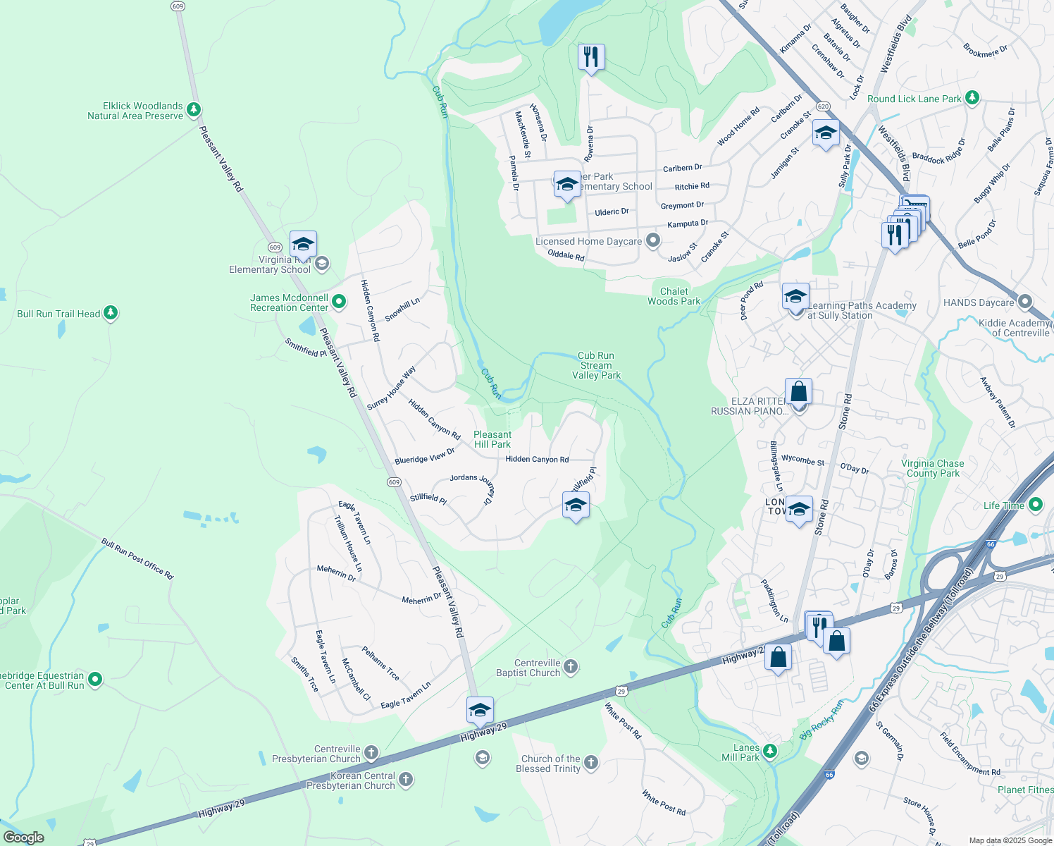 map of restaurants, bars, coffee shops, grocery stores, and more near 6106 Oakengate Way in Centreville