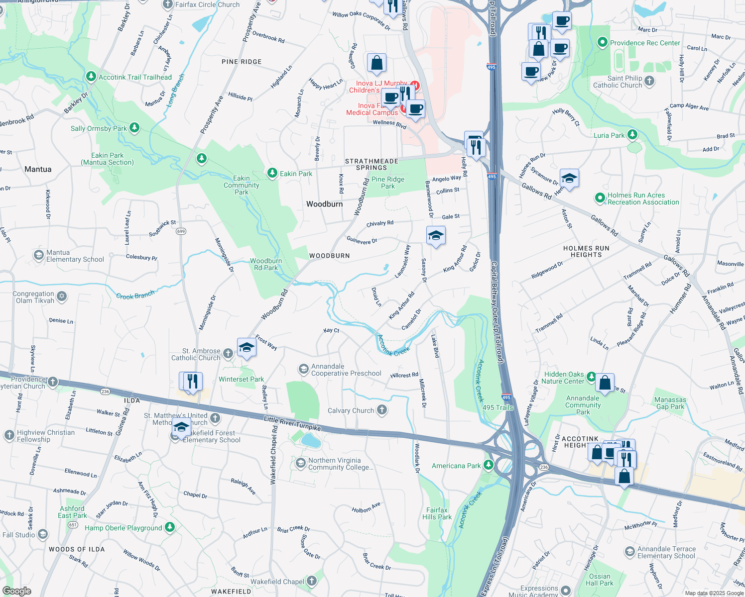 map of restaurants, bars, coffee shops, grocery stores, and more near 3604 Druid Lane in Annandale