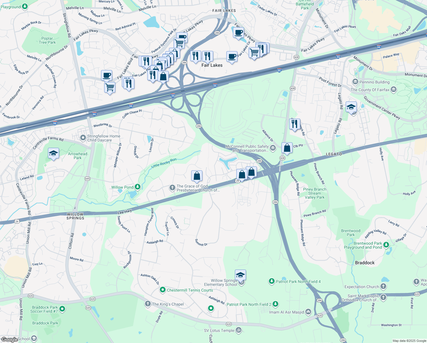 map of restaurants, bars, coffee shops, grocery stores, and more near 4862 Muddler Way in Fairfax