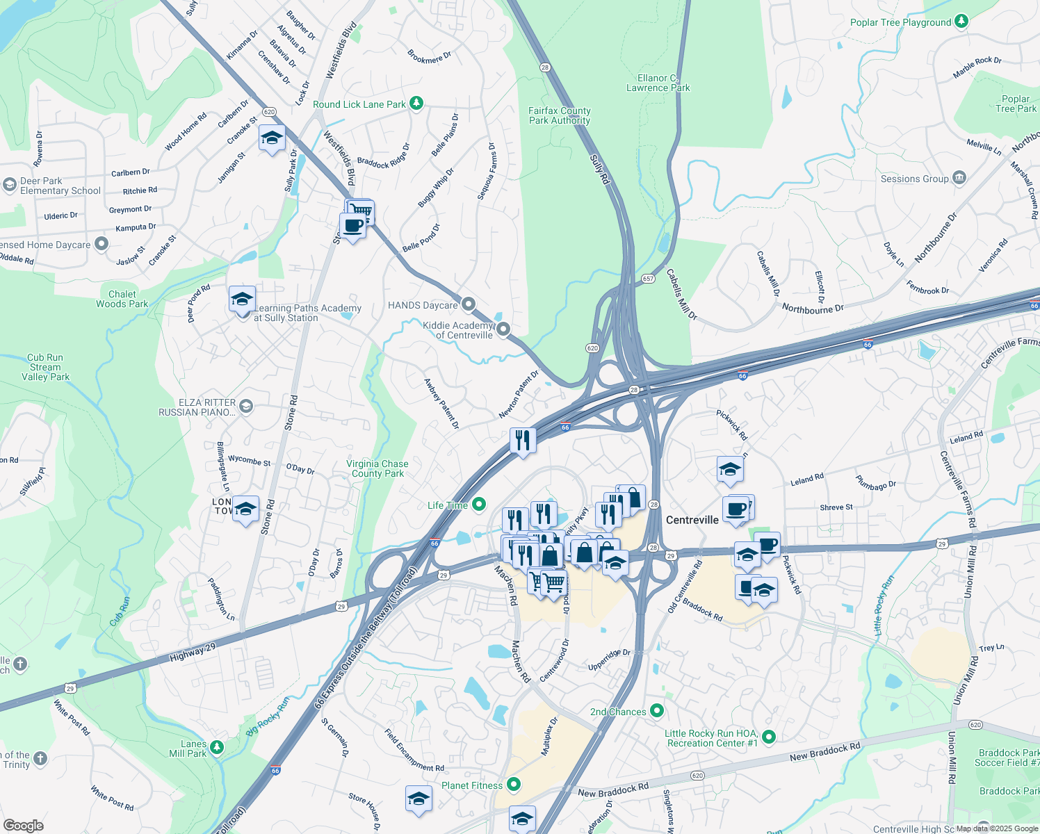 map of restaurants, bars, coffee shops, grocery stores, and more near 14258 Heritage Crossing Lane in Centreville