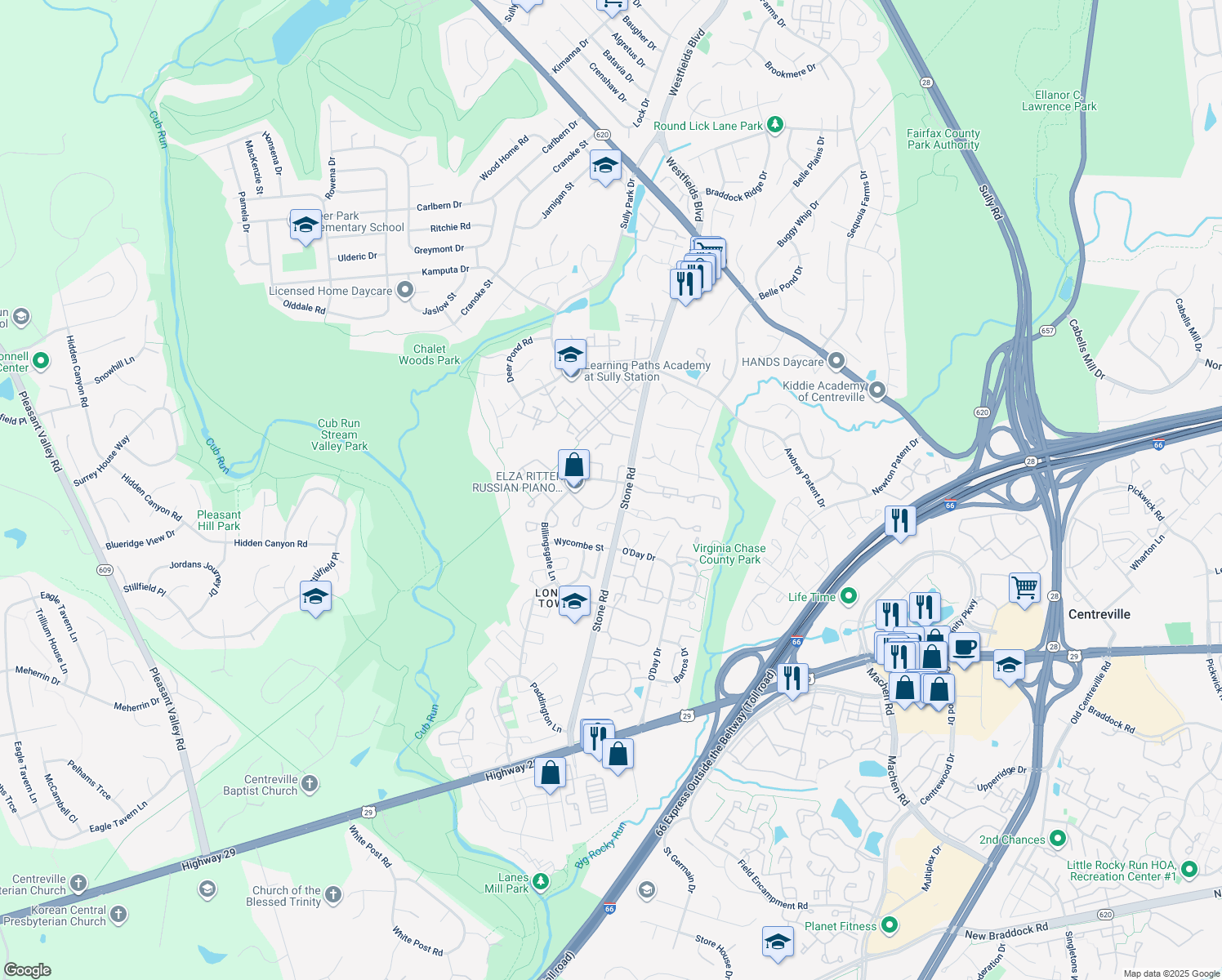 map of restaurants, bars, coffee shops, grocery stores, and more near 14714 Basingstoke Loop in Centreville