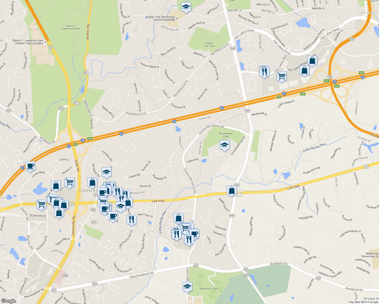 map of restaurants, bars, coffee shops, grocery stores, and more near 13470 Twilight Glow Drive in Centreville