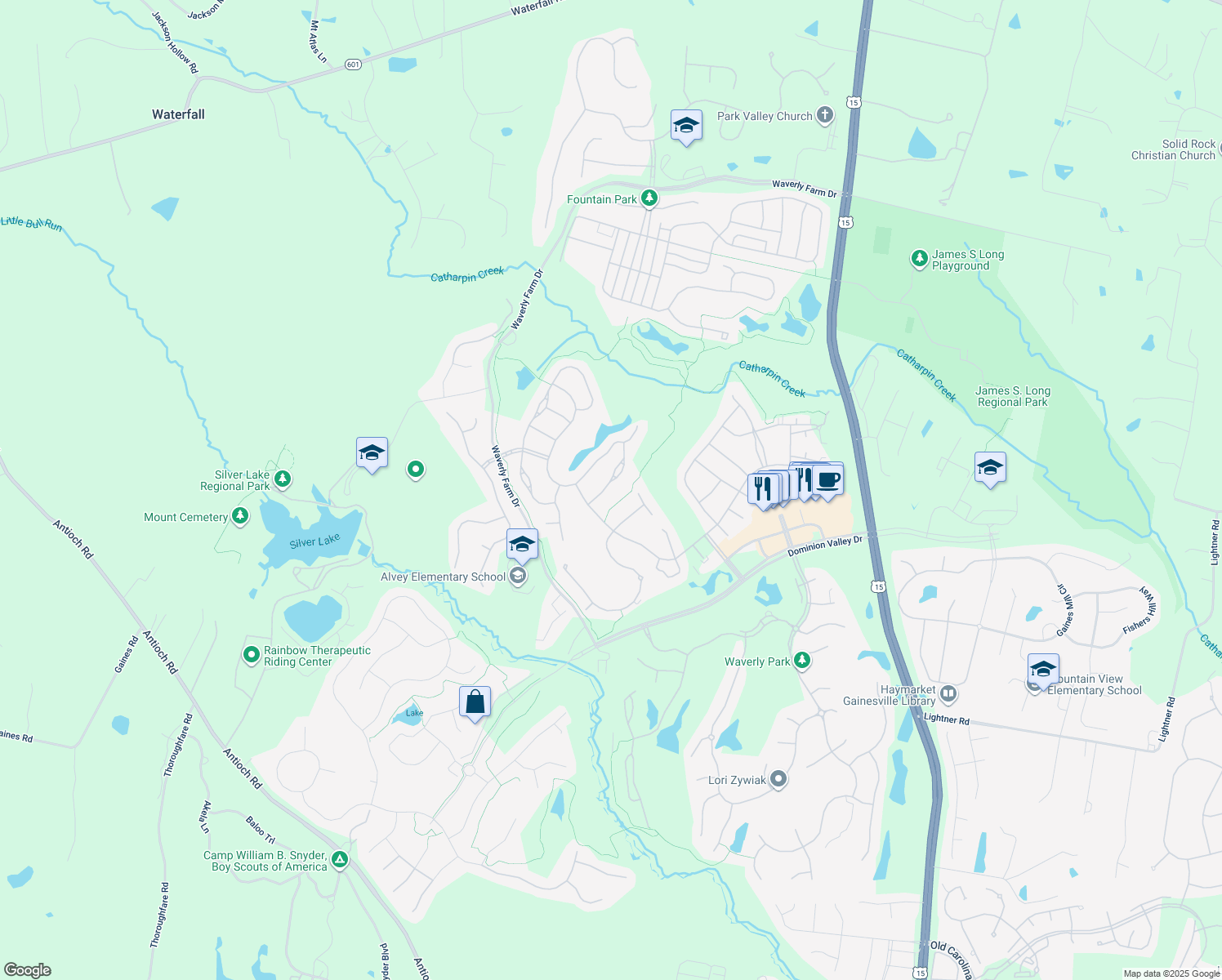 map of restaurants, bars, coffee shops, grocery stores, and more near 5137 Faldo Drive in Haymarket
