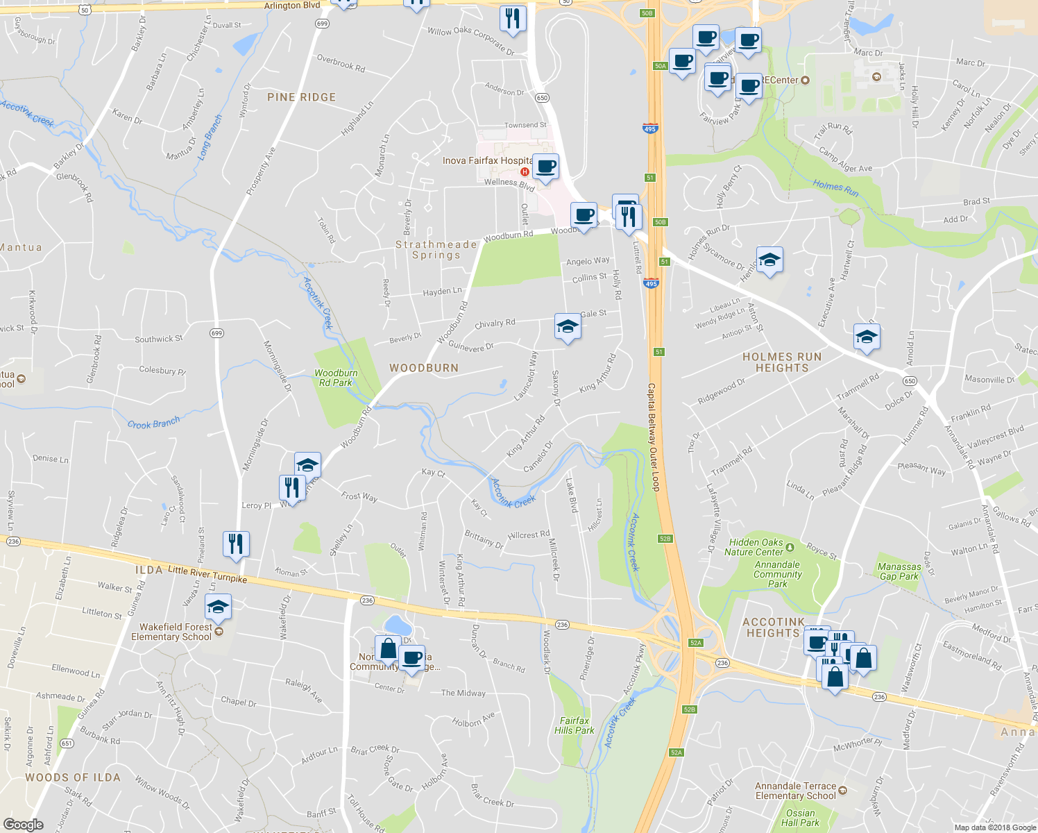 map of restaurants, bars, coffee shops, grocery stores, and more near 8205 Galahad Court in Annandale