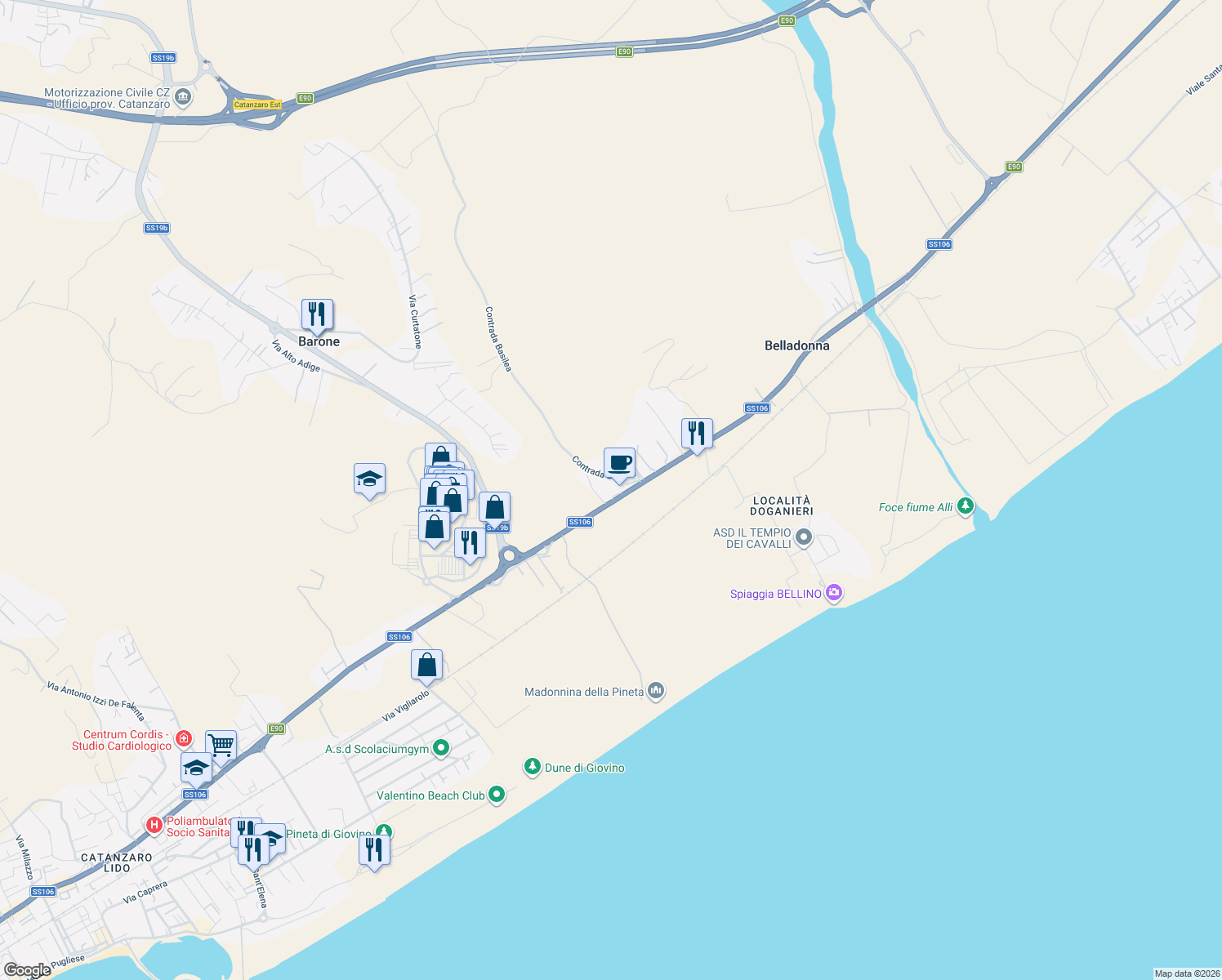 map of restaurants, bars, coffee shops, grocery stores, and more near 27 Via Giuditta Levato in Barone