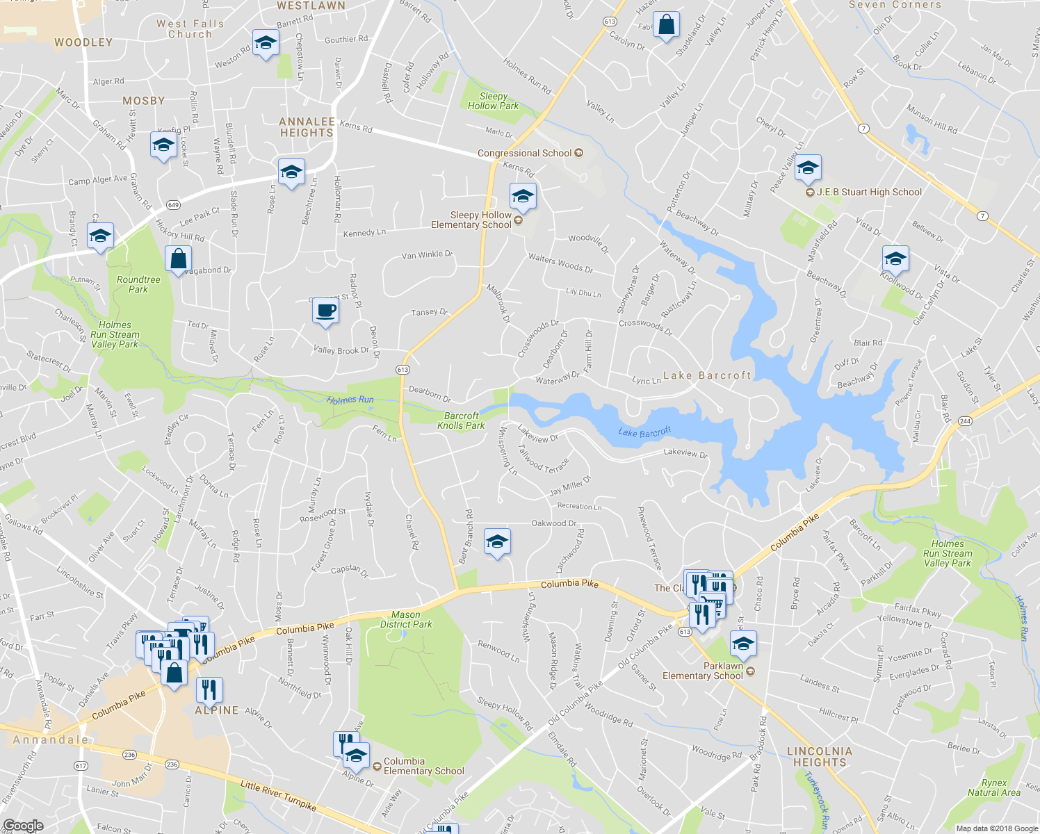 map of restaurants, bars, coffee shops, grocery stores, and more near 6516 Lakeview Drive in Falls Church