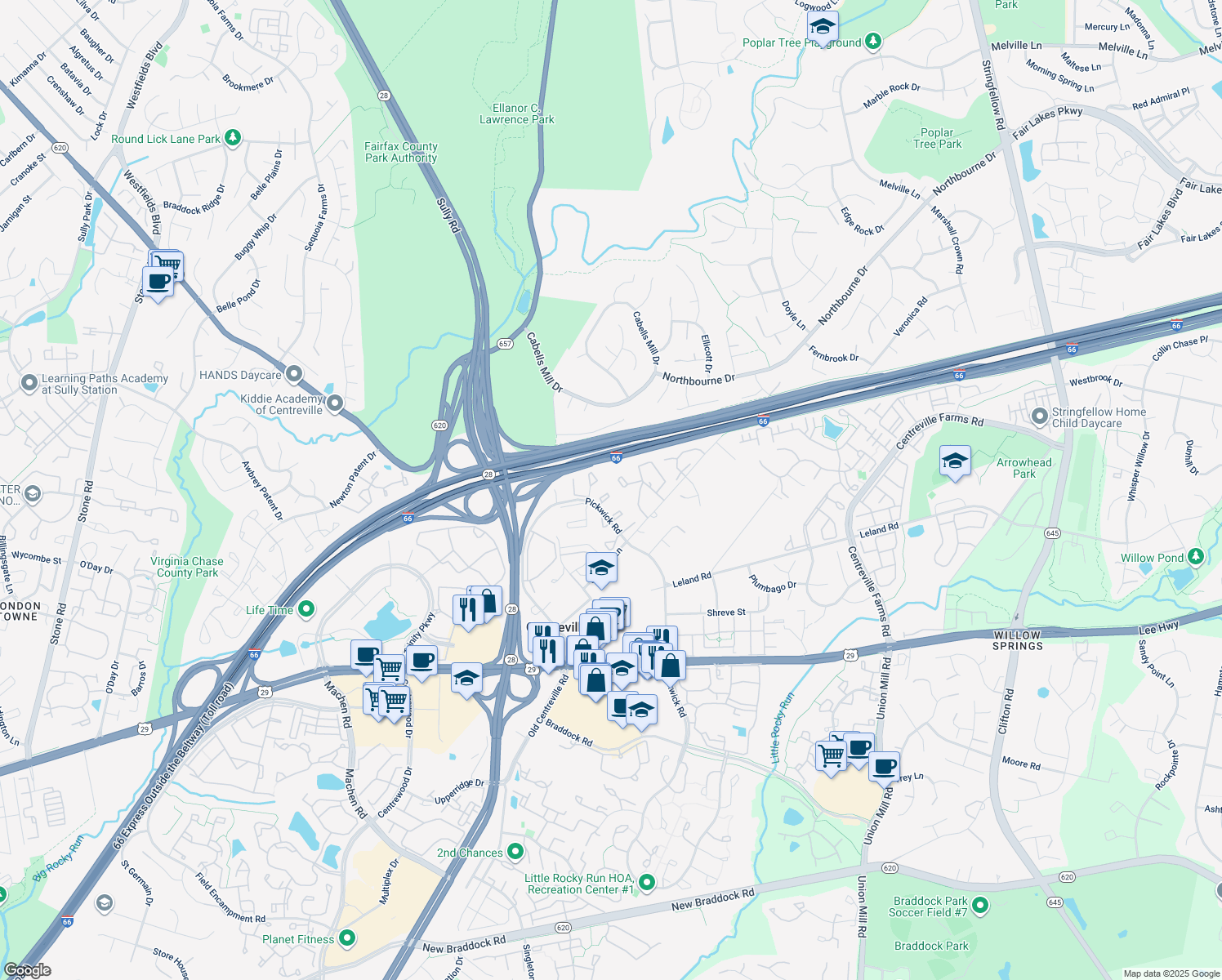 map of restaurants, bars, coffee shops, grocery stores, and more near 13820 Bridlington Court in Centreville