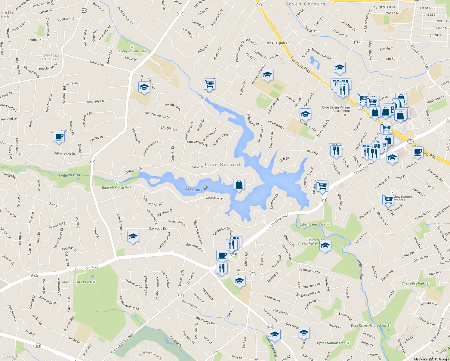 map of restaurants, bars, coffee shops, grocery stores, and more near 6323 Cavalier Corridor in Falls Church