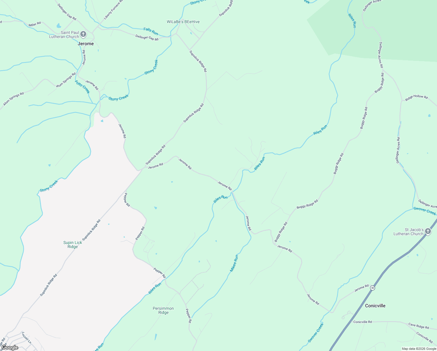 map of restaurants, bars, coffee shops, grocery stores, and more near 2032 Jerome Road in Mount Jackson