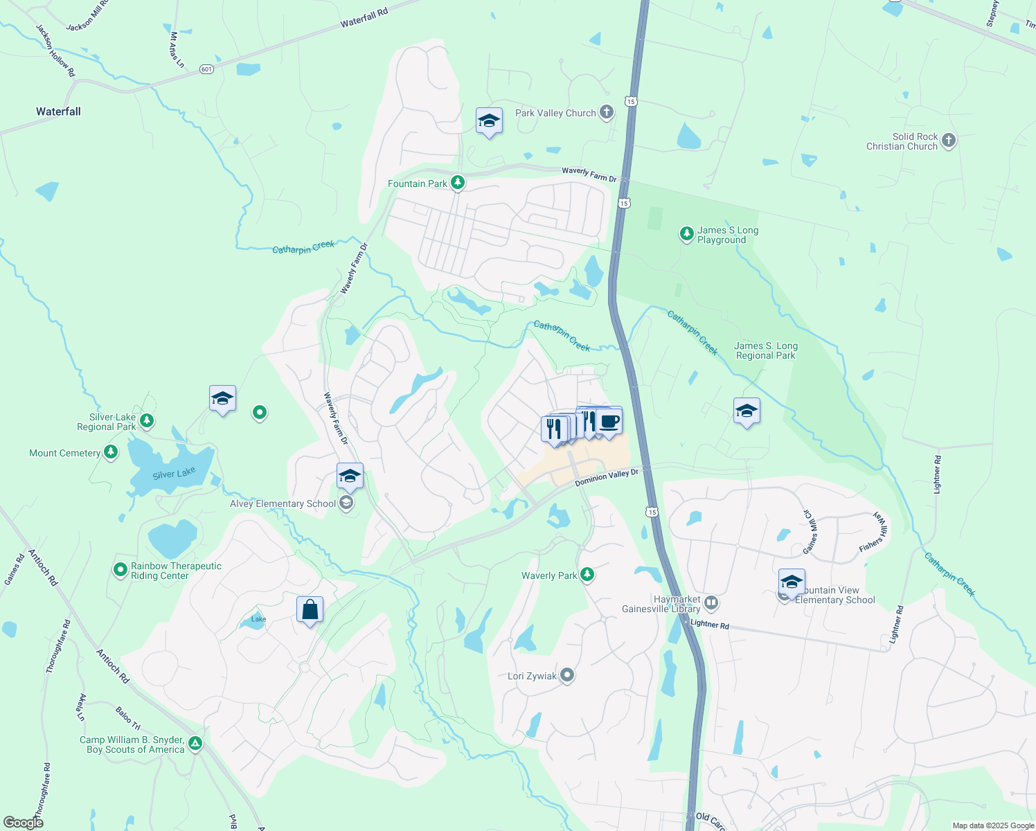 map of restaurants, bars, coffee shops, grocery stores, and more near 5425 Rodriquez Lane in Haymarket
