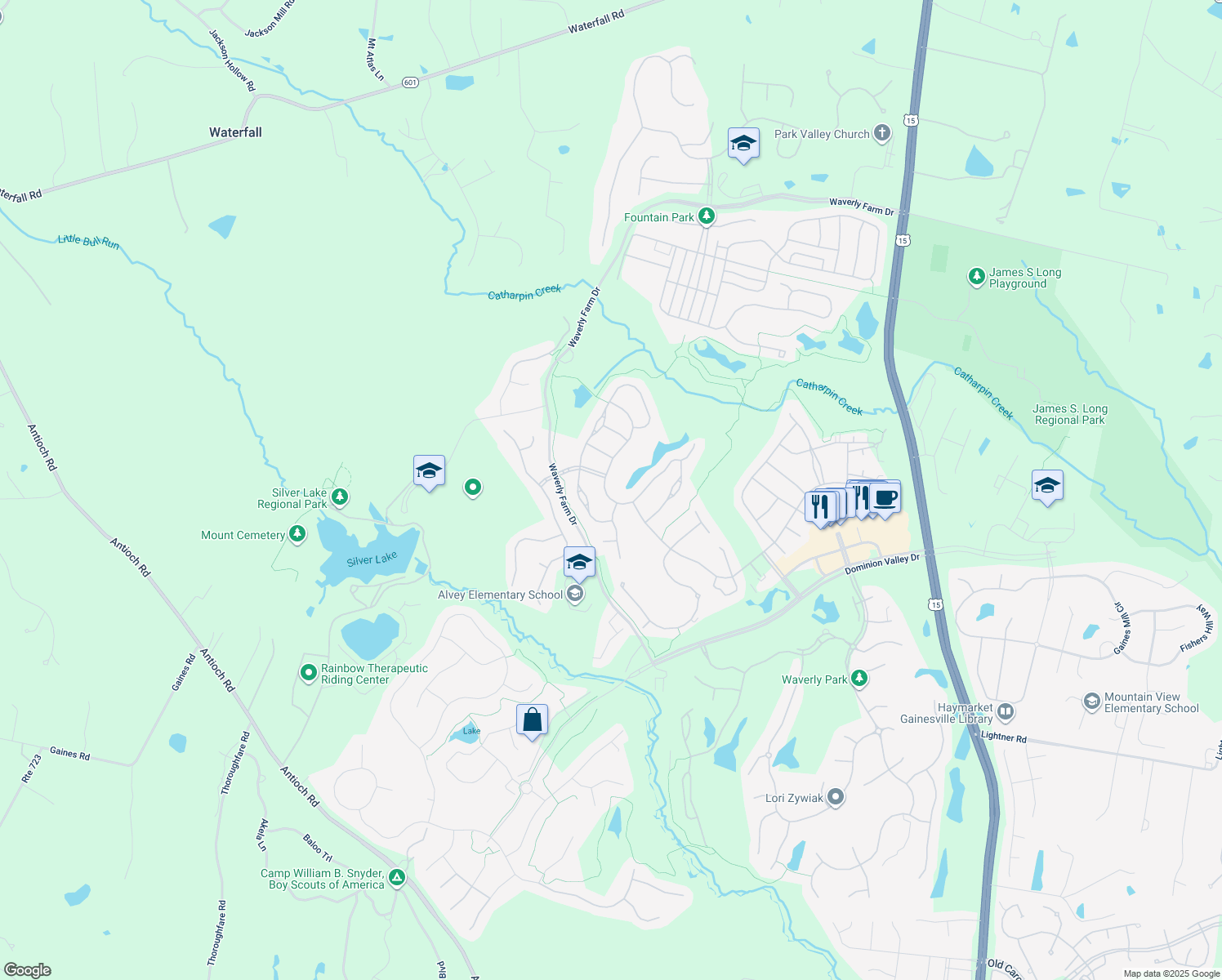 map of restaurants, bars, coffee shops, grocery stores, and more near 15510 Legacy Way in Haymarket