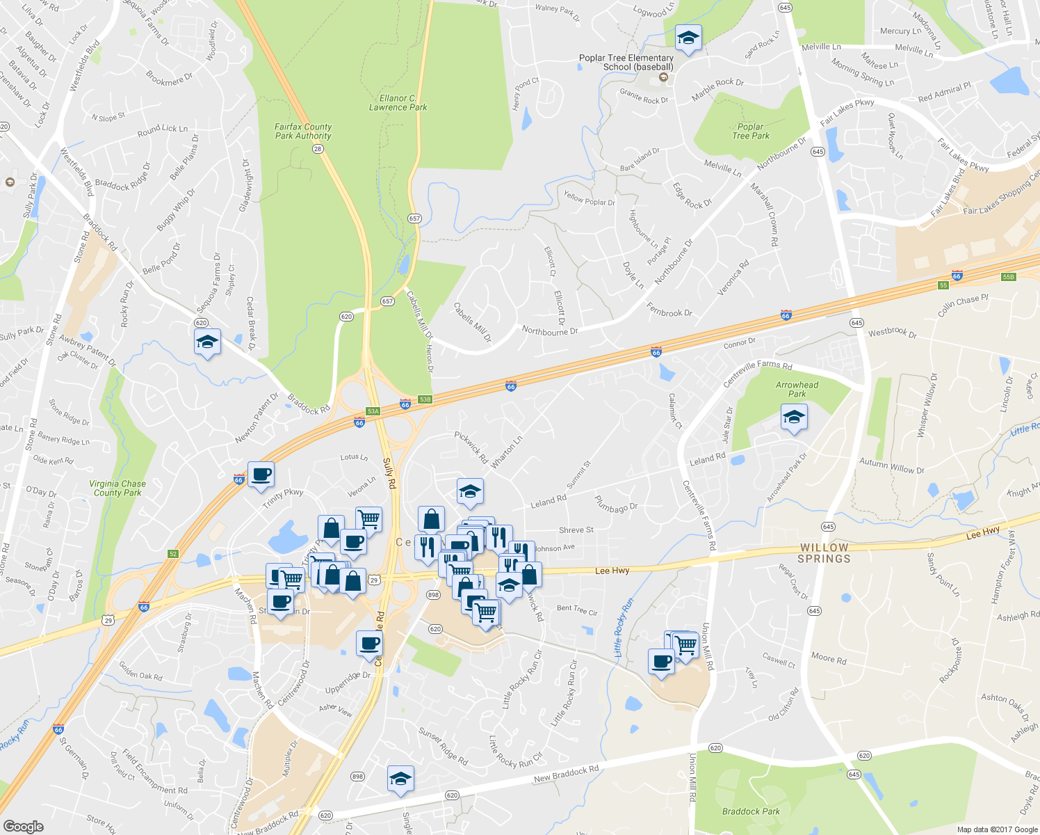 map of restaurants, bars, coffee shops, grocery stores, and more near 5486 Middlebourne Lane in Centreville