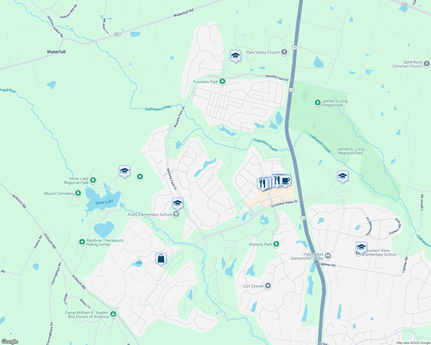 map of restaurants, bars, coffee shops, grocery stores, and more near 5105 Faldo Drive in Haymarket