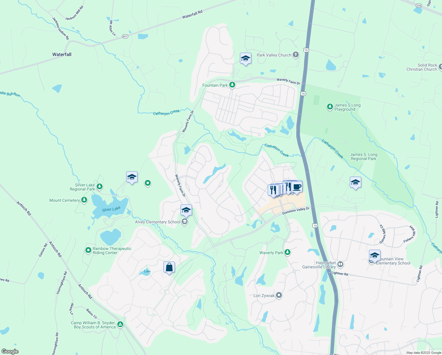 map of restaurants, bars, coffee shops, grocery stores, and more near 5104 Faldo Drive in Haymarket