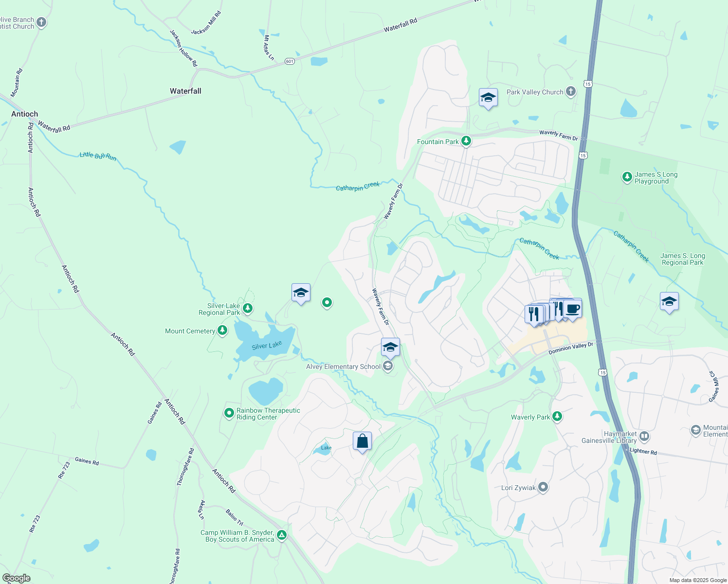 map of restaurants, bars, coffee shops, grocery stores, and more near 5249 Jacobs Creek Place in Haymarket