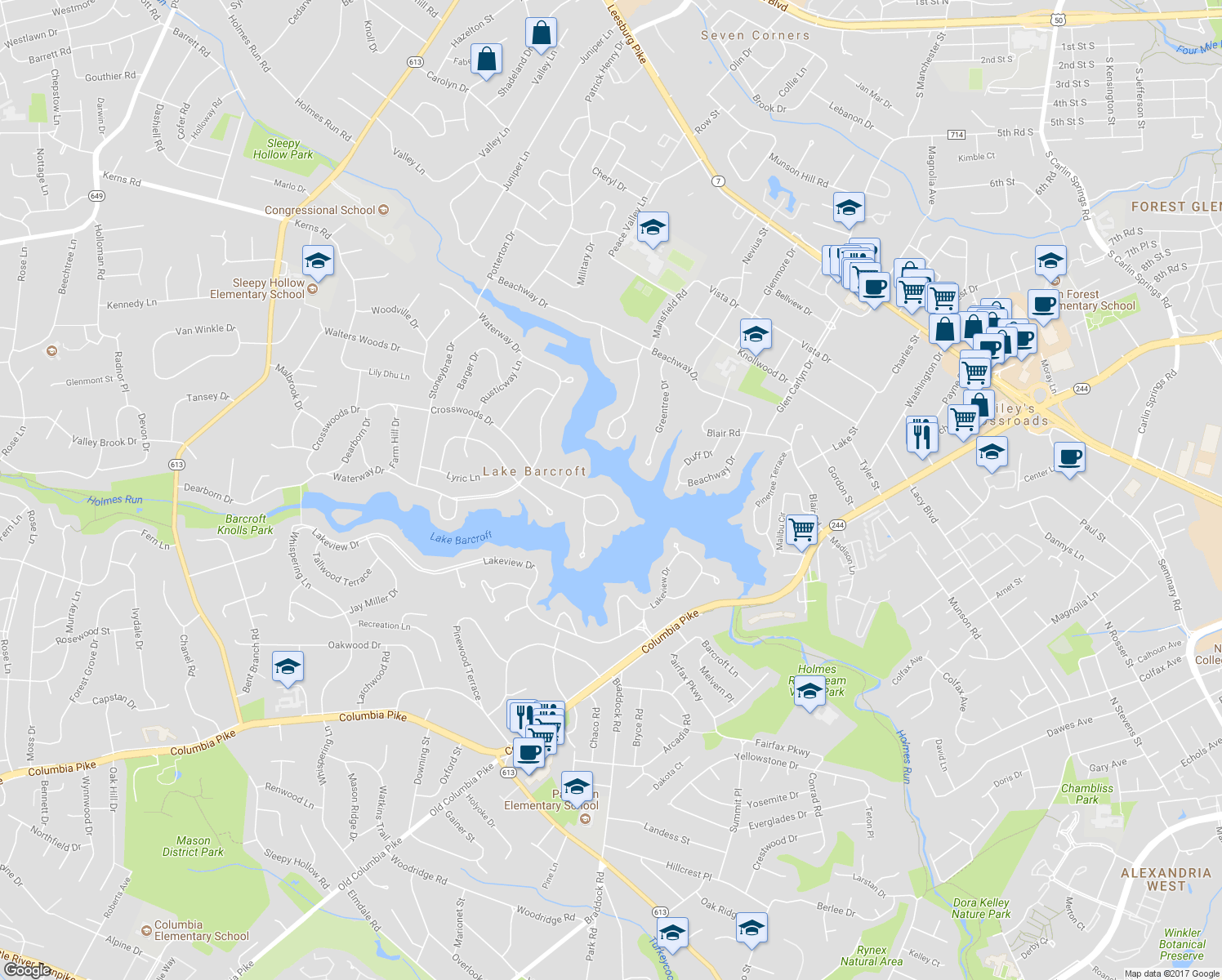 map of restaurants, bars, coffee shops, grocery stores, and more near 6316 Crosswoods Circle in Falls Church