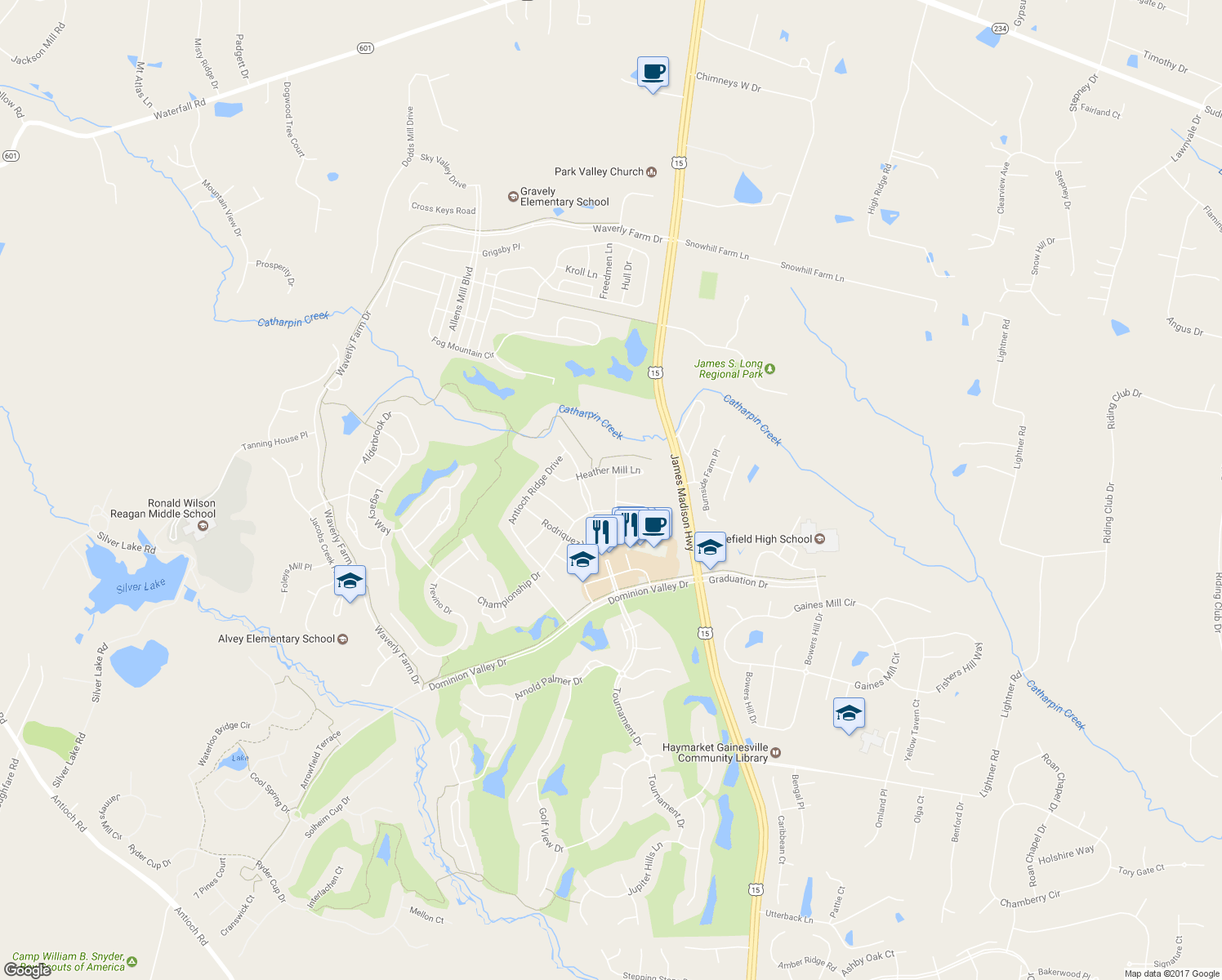 map of restaurants, bars, coffee shops, grocery stores, and more near 5124 Peyton Chapel Drive in Haymarket