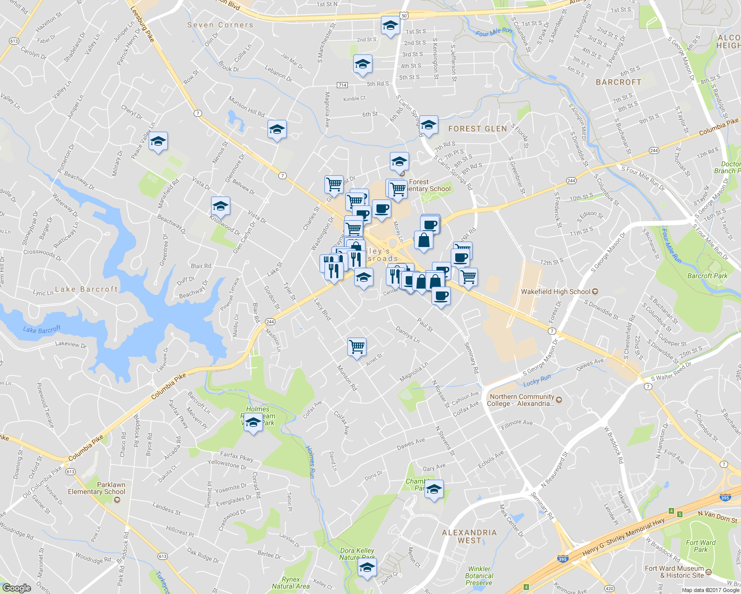 map of restaurants, bars, coffee shops, grocery stores, and more near 3500 Ellery Circle in Bailey's Crossroads