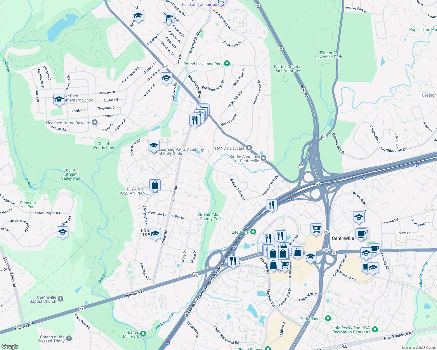 map of restaurants, bars, coffee shops, grocery stores, and more near 14524 Four Chimney Drive in Centreville
