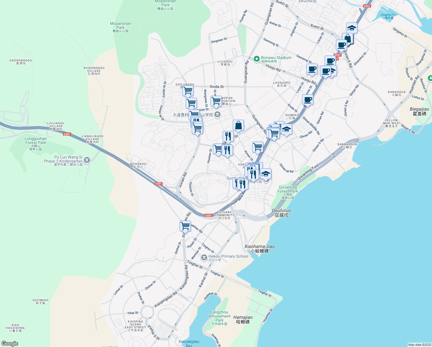 map of restaurants, bars, coffee shops, grocery stores, and more near Hui Xian Jie in Da Lian Shi