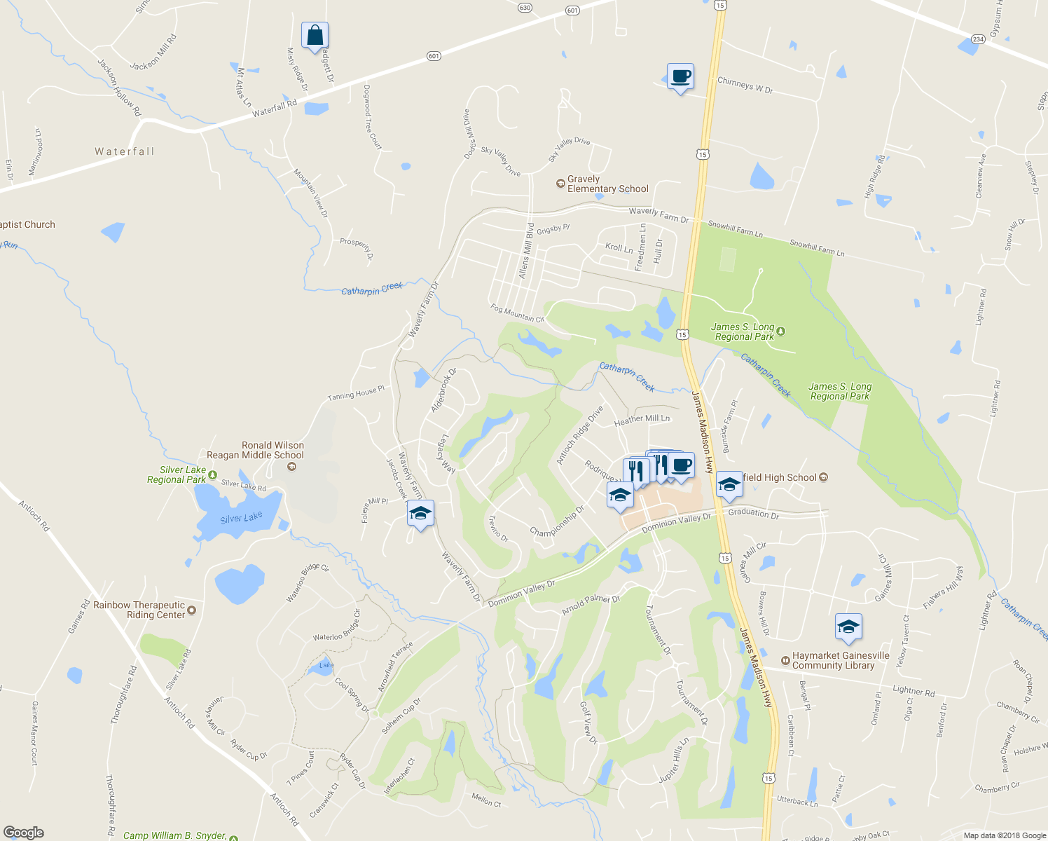map of restaurants, bars, coffee shops, grocery stores, and more near 15405 Legacy Way in Haymarket