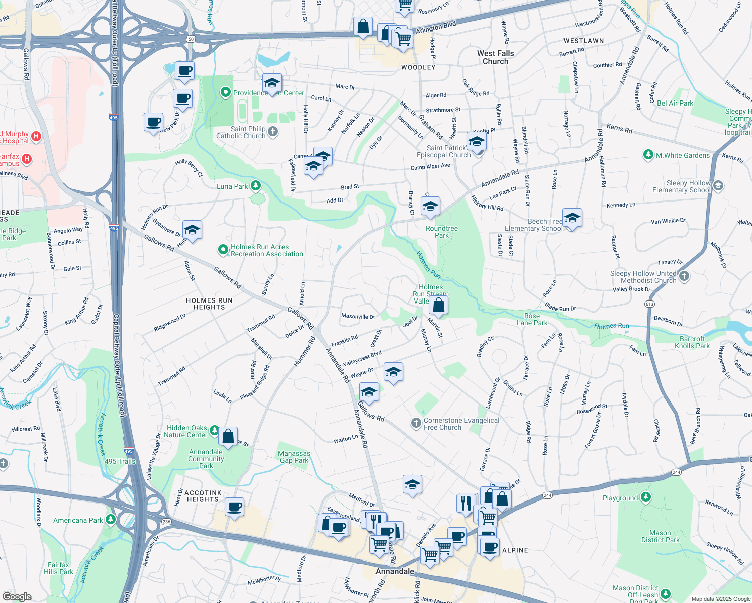 map of restaurants, bars, coffee shops, grocery stores, and more near 7304 Austin Street in Annandale