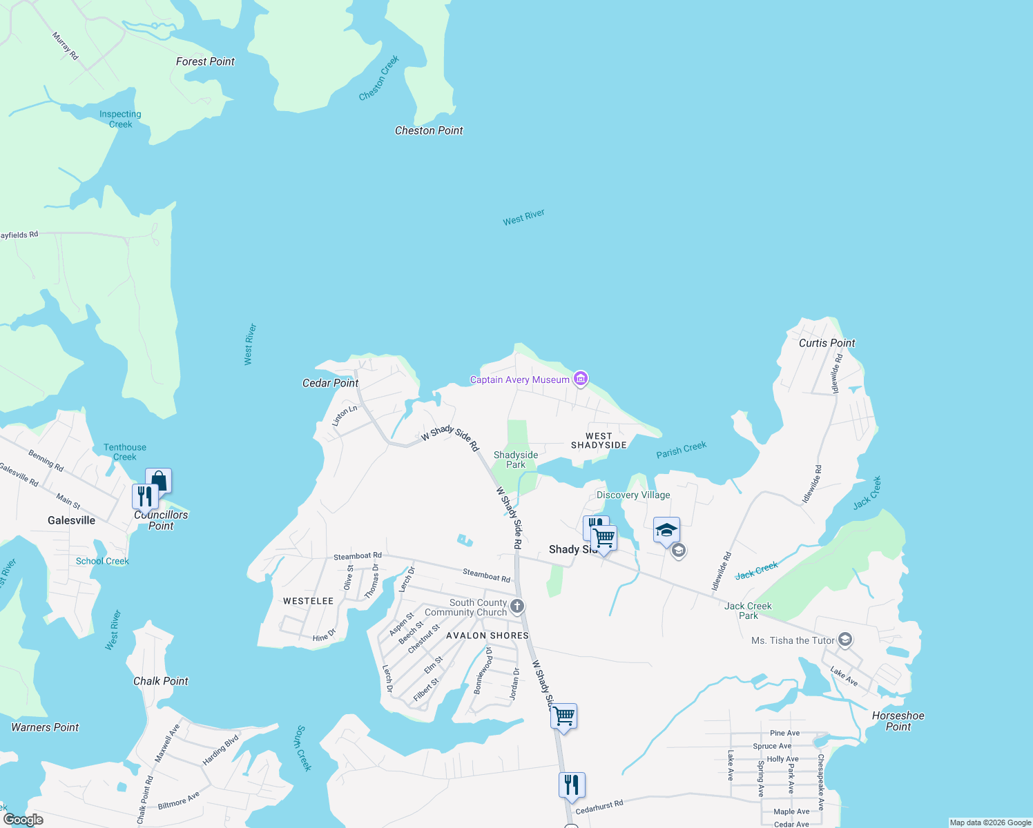 map of restaurants, bars, coffee shops, grocery stores, and more near 1341 E West Shady Side Rd in Shady Side