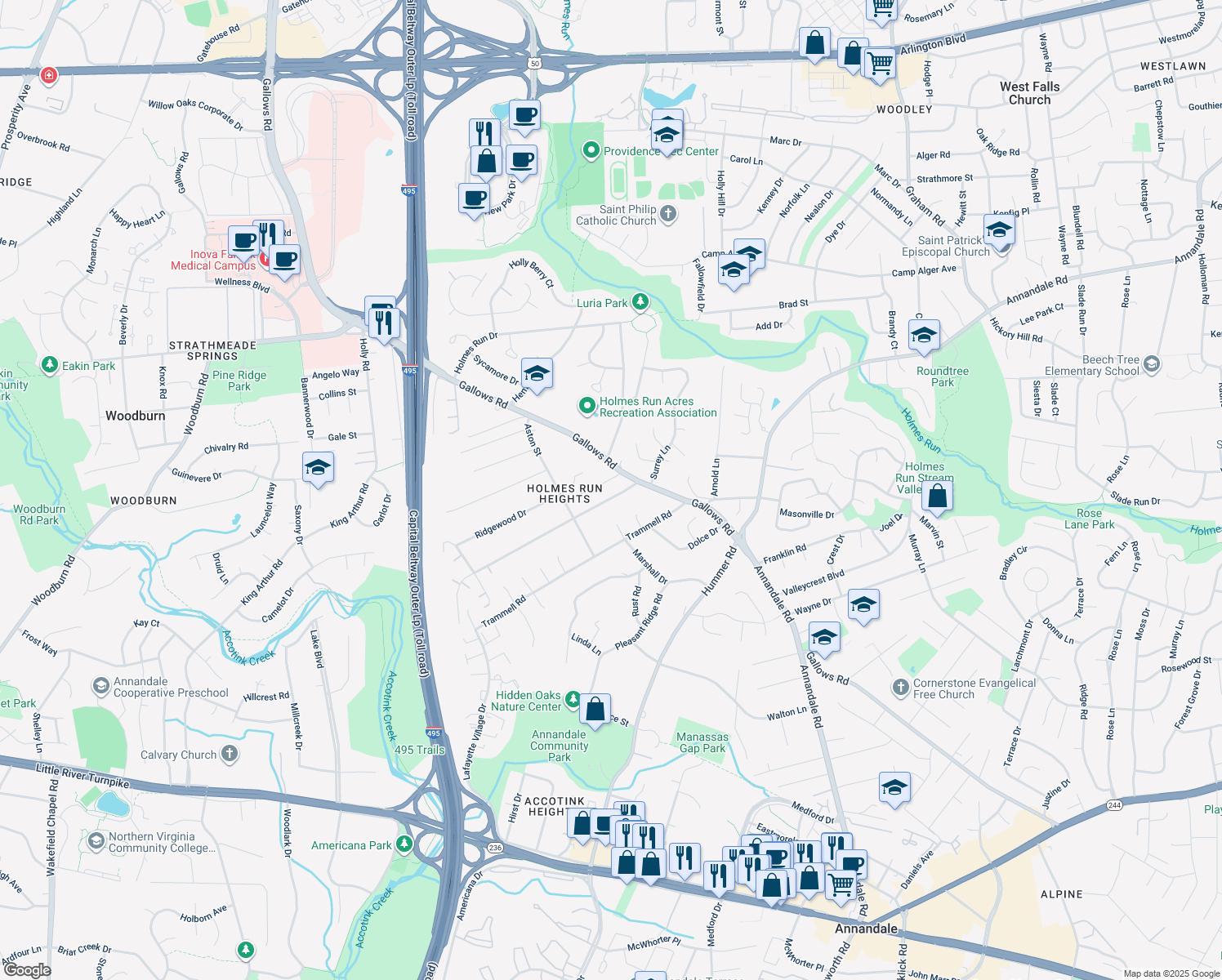 map of restaurants, bars, coffee shops, grocery stores, and more near 7704 Thor Drive in Annandale