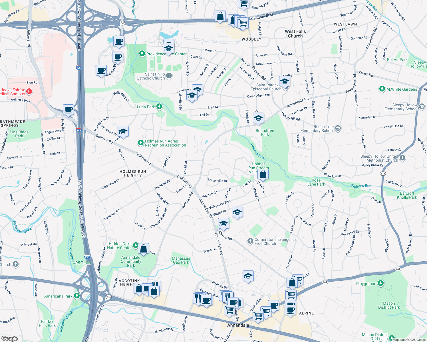 map of restaurants, bars, coffee shops, grocery stores, and more near 7405 Austin Street in Annandale