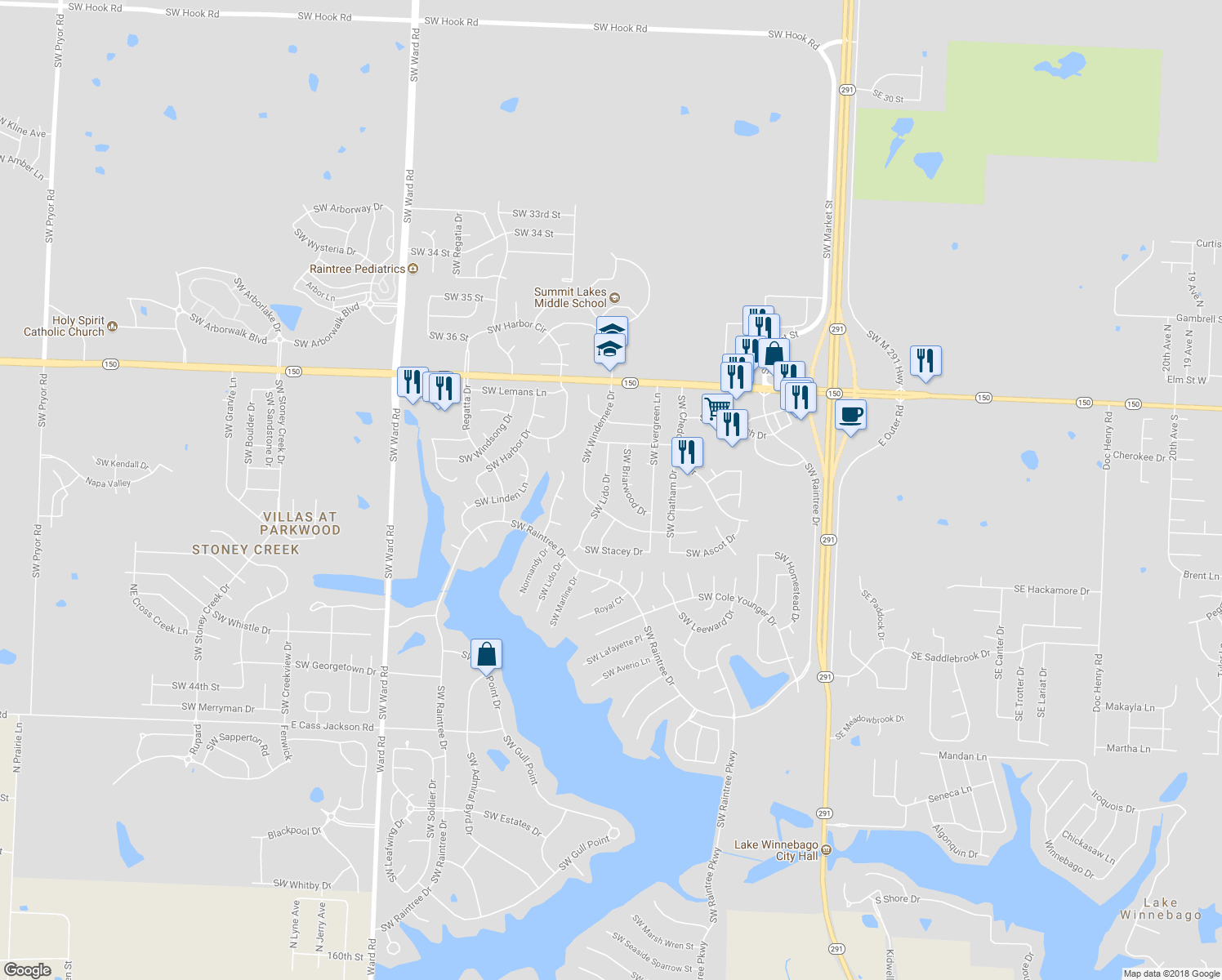 map of restaurants, bars, coffee shops, grocery stores, and more near 3817 Southwest Lido Drive in Lee's Summit