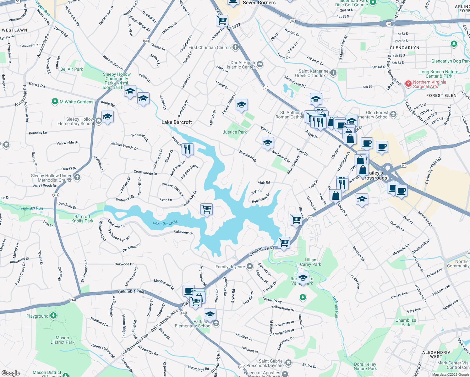 map of restaurants, bars, coffee shops, grocery stores, and more near 3428 Greentree Drive in Falls Church