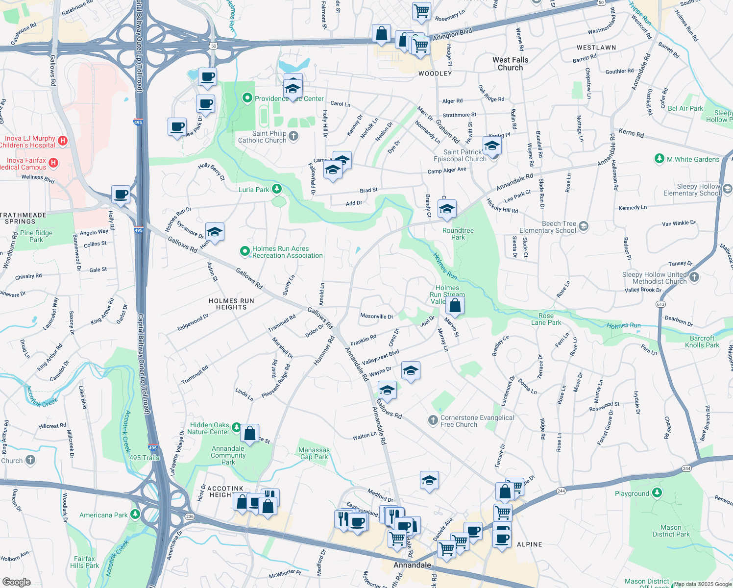 map of restaurants, bars, coffee shops, grocery stores, and more near 7408 Austin Street in Annandale