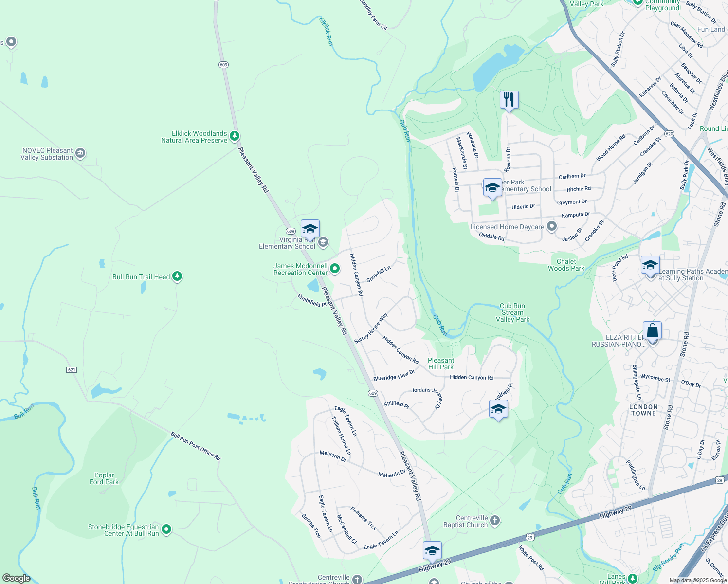 map of restaurants, bars, coffee shops, grocery stores, and more near 6185 Hidden Canyon Road in Centreville