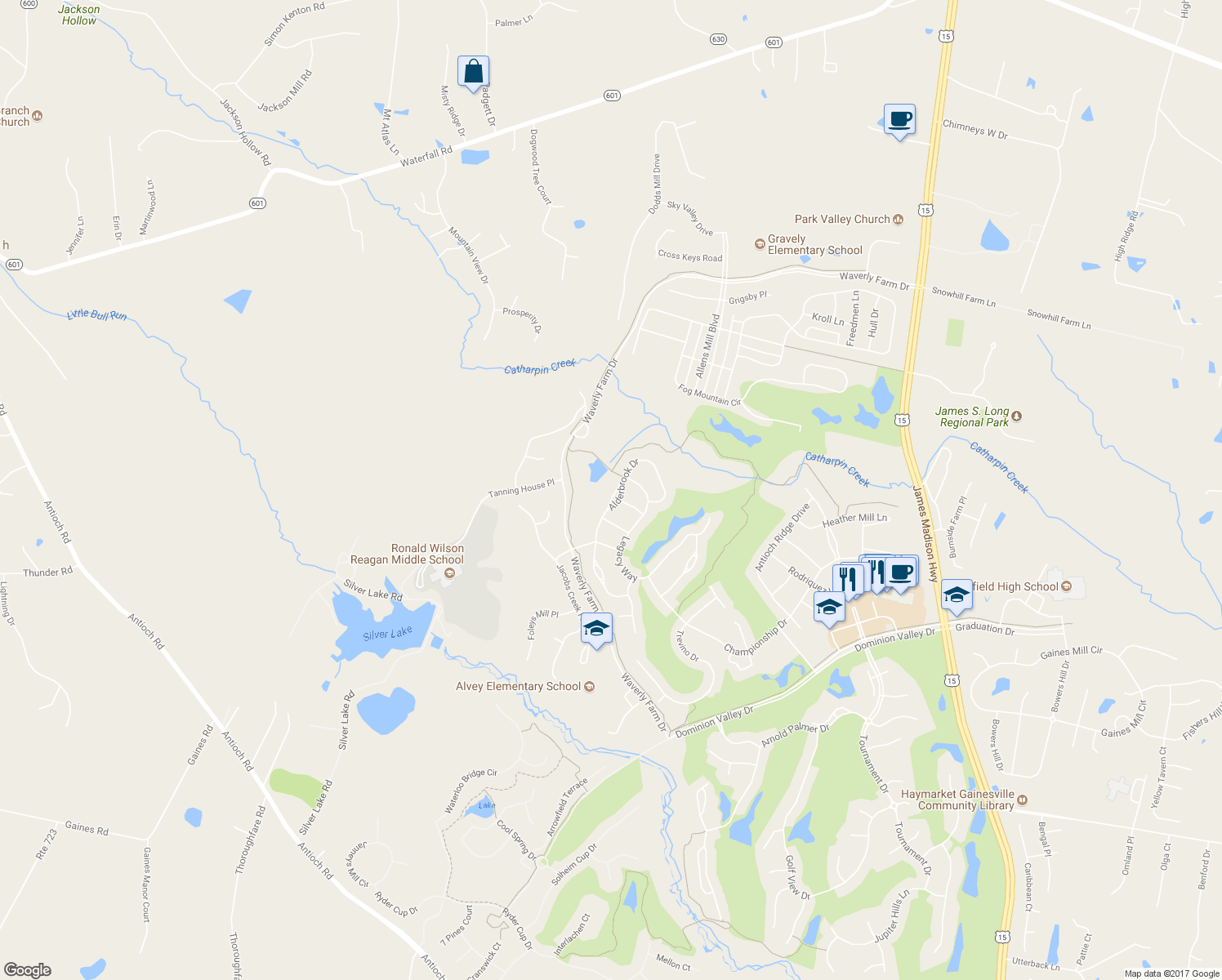 map of restaurants, bars, coffee shops, grocery stores, and more near 15621 Alderbrook Drive in Haymarket