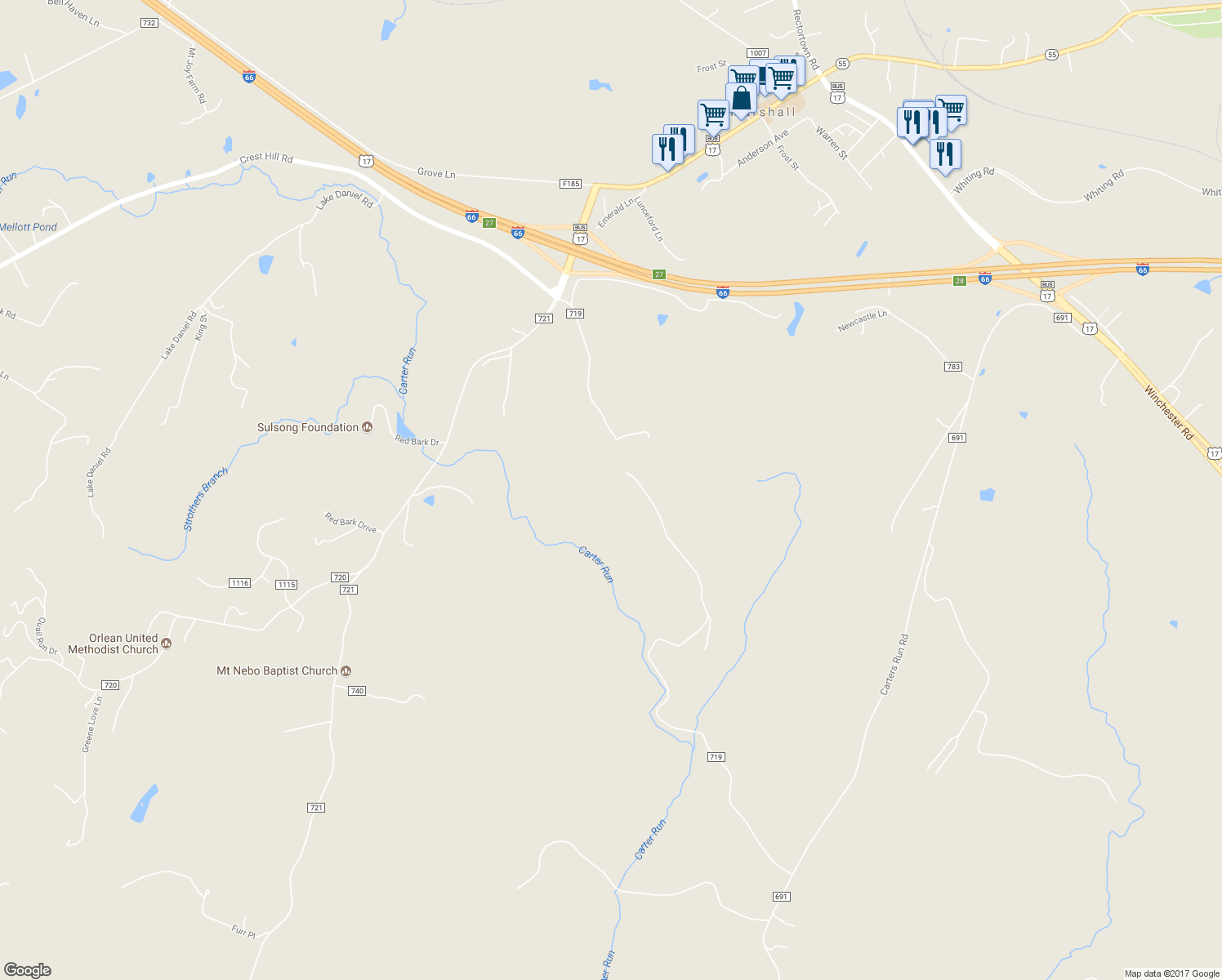 map of restaurants, bars, coffee shops, grocery stores, and more near 4474 Scotts Road in Marshall