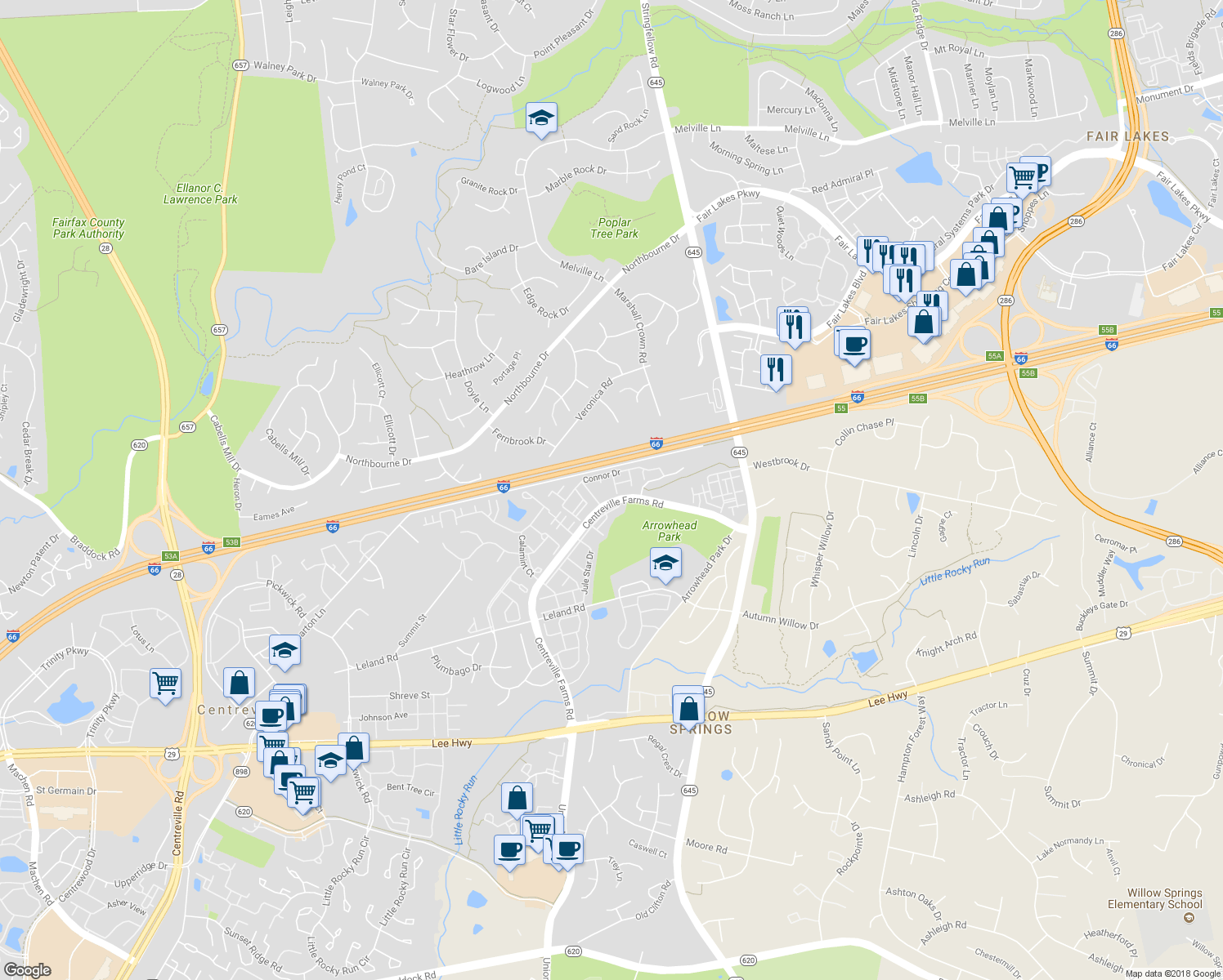 map of restaurants, bars, coffee shops, grocery stores, and more near 5124 Brittney Elyse Circle in Centreville