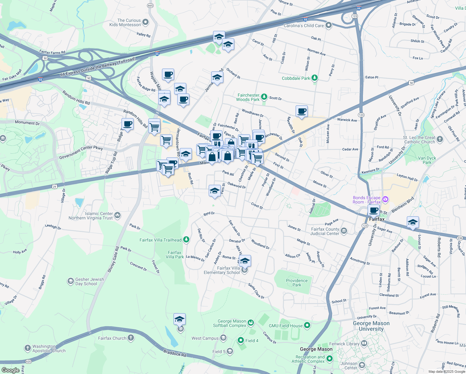 map of restaurants, bars, coffee shops, grocery stores, and more near 10921 Oakwood Drive in Fairfax