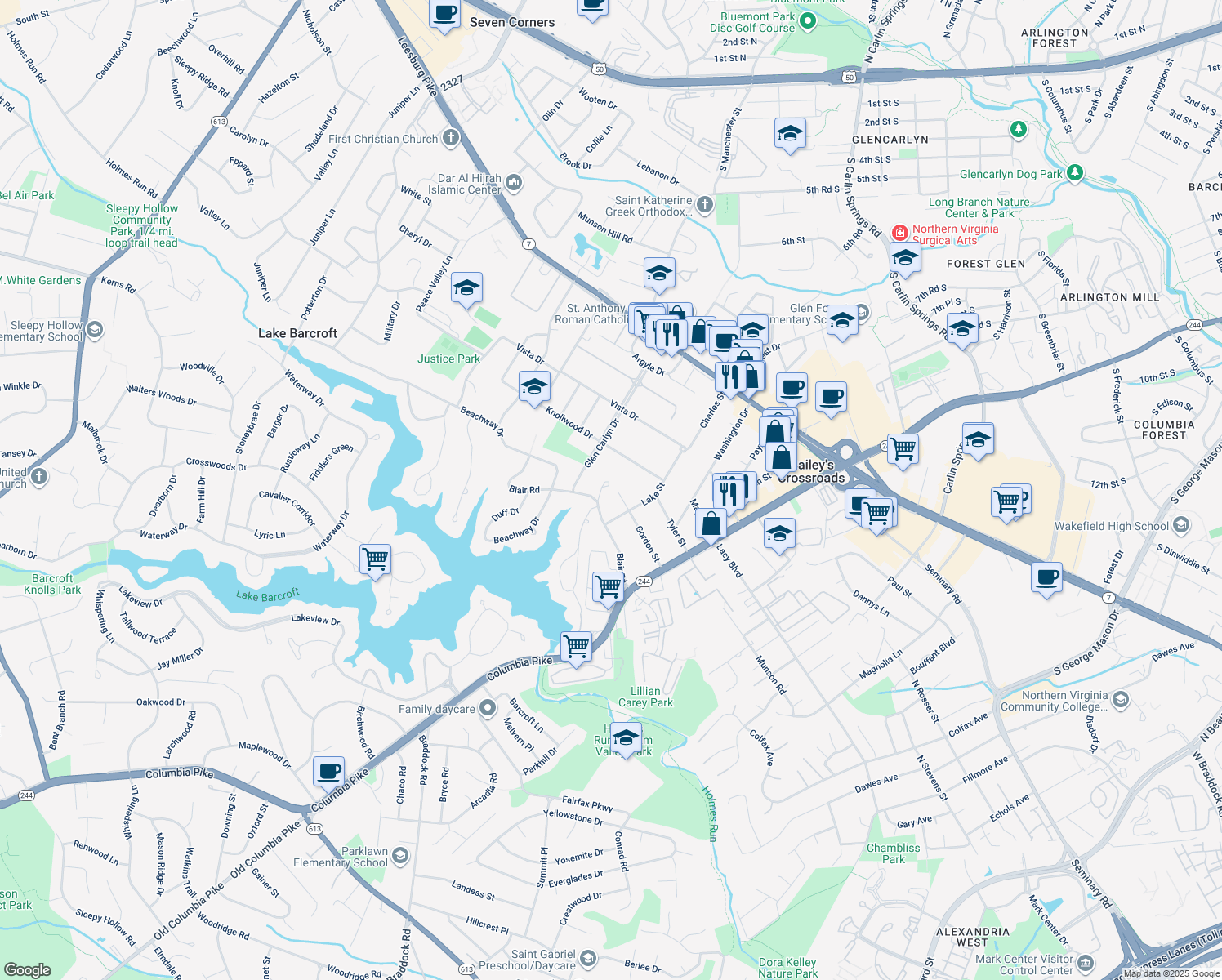 map of restaurants, bars, coffee shops, grocery stores, and more near 3433 Pinetree Terrace in Falls Church