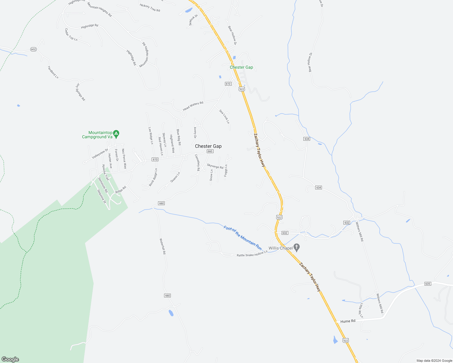 map of restaurants, bars, coffee shops, grocery stores, and more near 110 Foggy Lane in Chester Gap