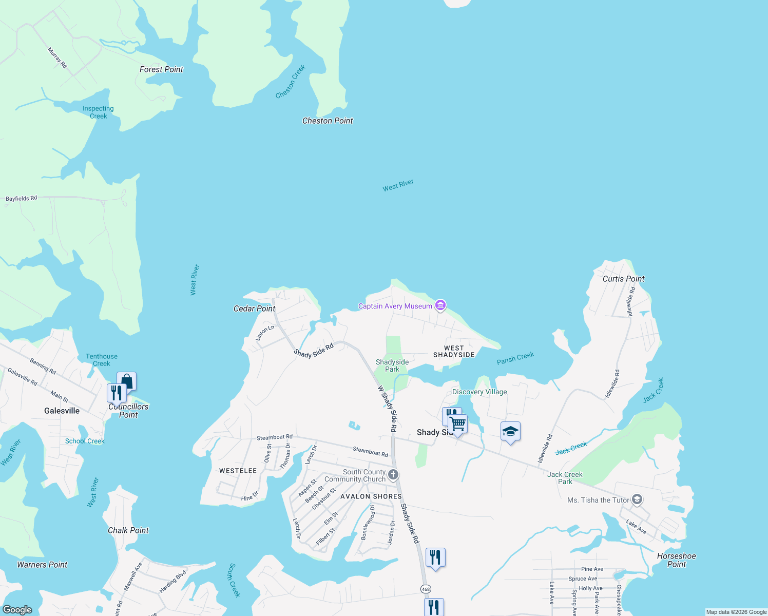 map of restaurants, bars, coffee shops, grocery stores, and more near 1379 Mc Donald Road in Shady Side