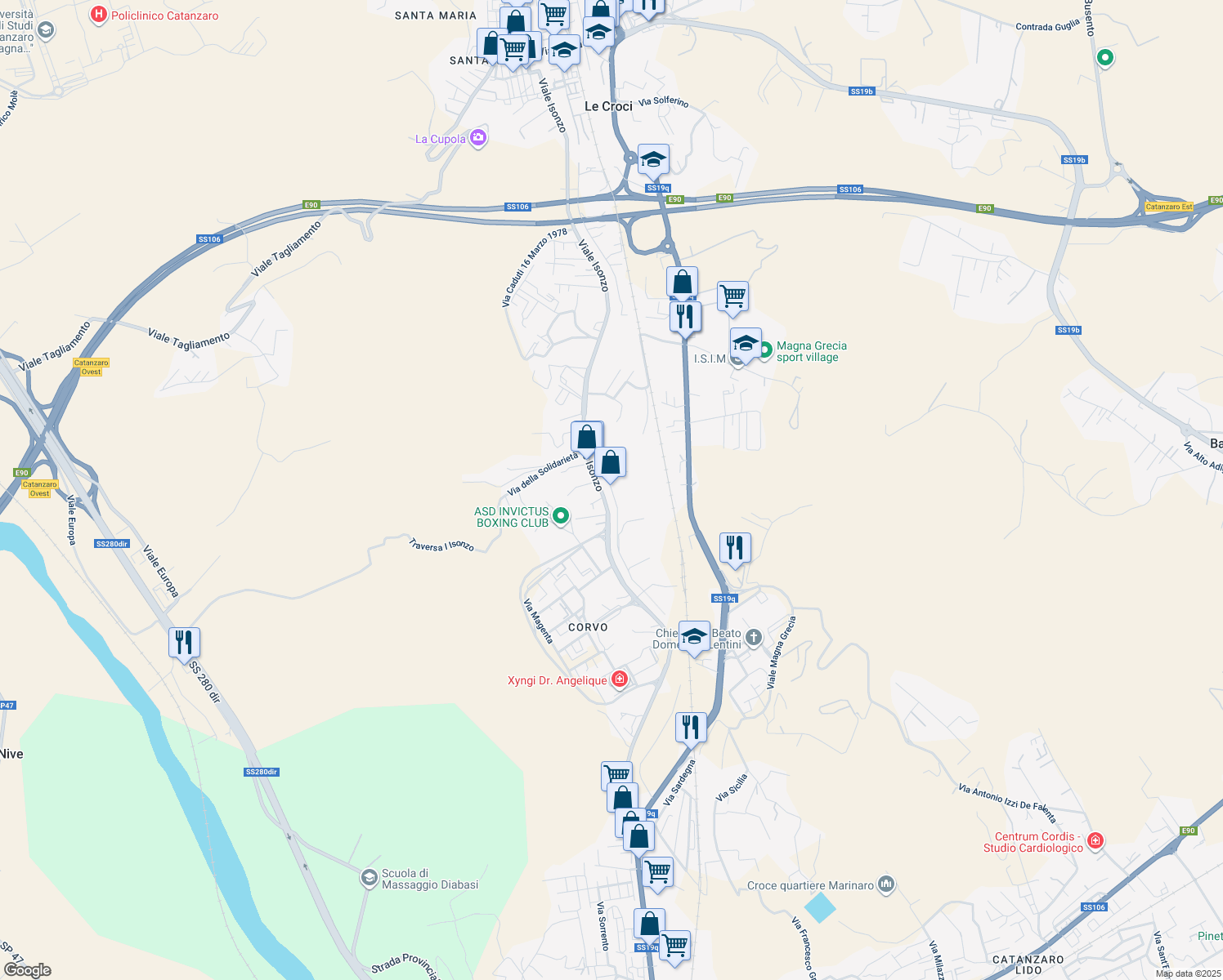 map of restaurants, bars, coffee shops, grocery stores, and more near 420 Viale Isonzo in Catanzaro