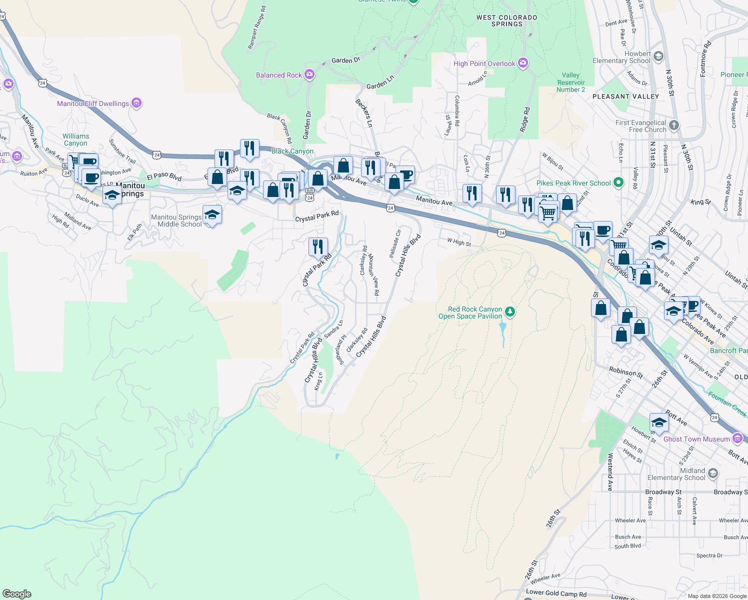 map of restaurants, bars, coffee shops, grocery stores, and more near 30 Mountain View Rd in Manitou Springs