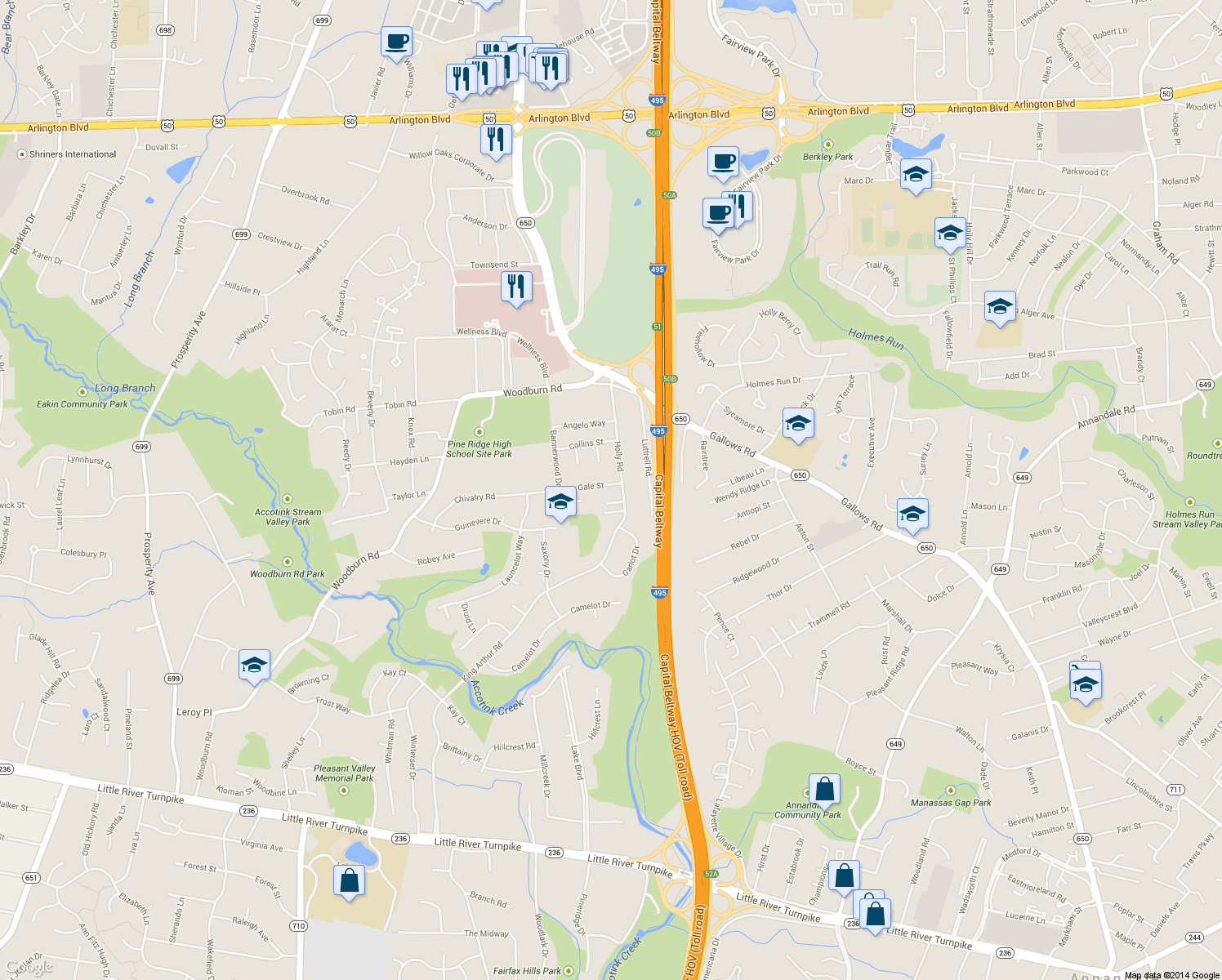 map of restaurants, bars, coffee shops, grocery stores, and more near 8103 Gale Street in Annandale