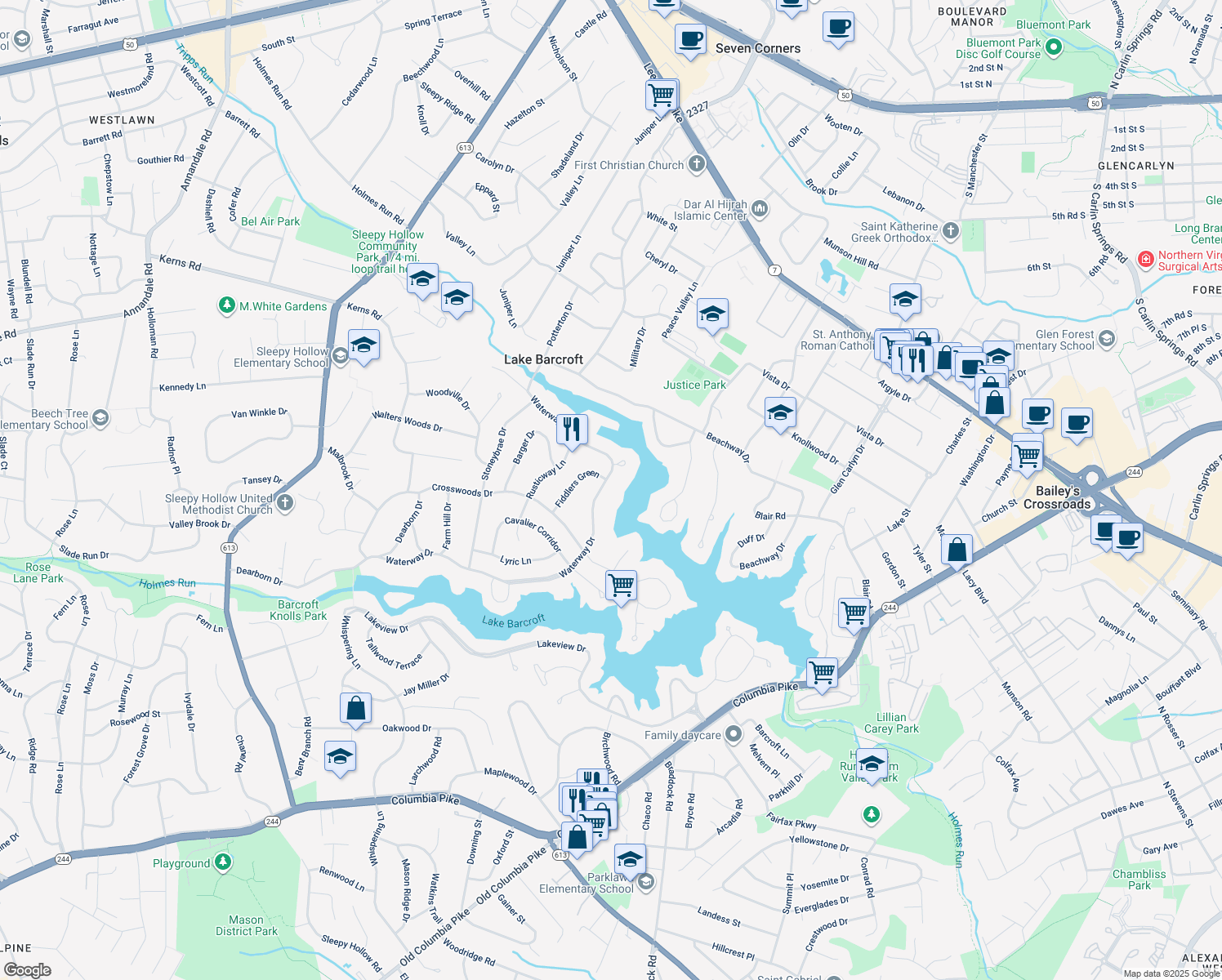 map of restaurants, bars, coffee shops, grocery stores, and more near 6329 Waterway Drive in Falls Church