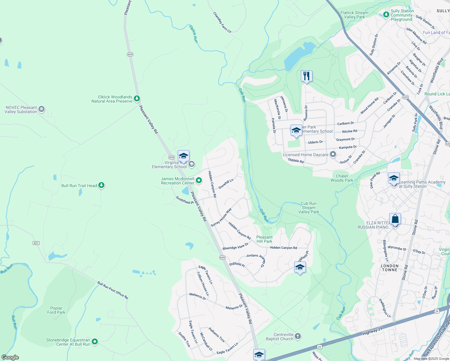 map of restaurants, bars, coffee shops, grocery stores, and more near 15428 Snowhill Lane in Centreville